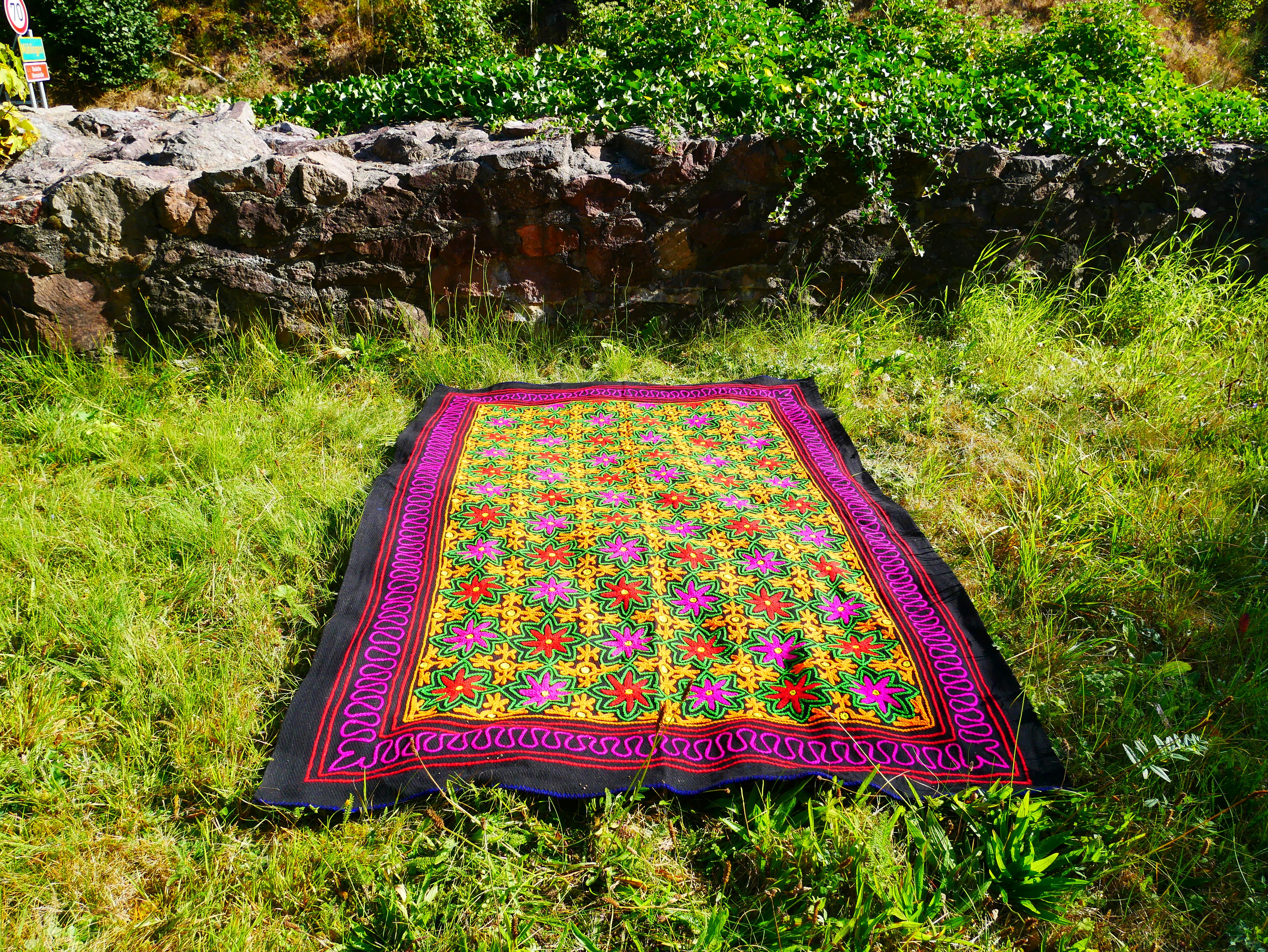 Kashmiri Gabba: Unique Handmade Wool Blanket Rug Boho Style Throw Blanket with Colorful Embroidery -Hippie Floor Seating Meditation decor - The Shanti Home