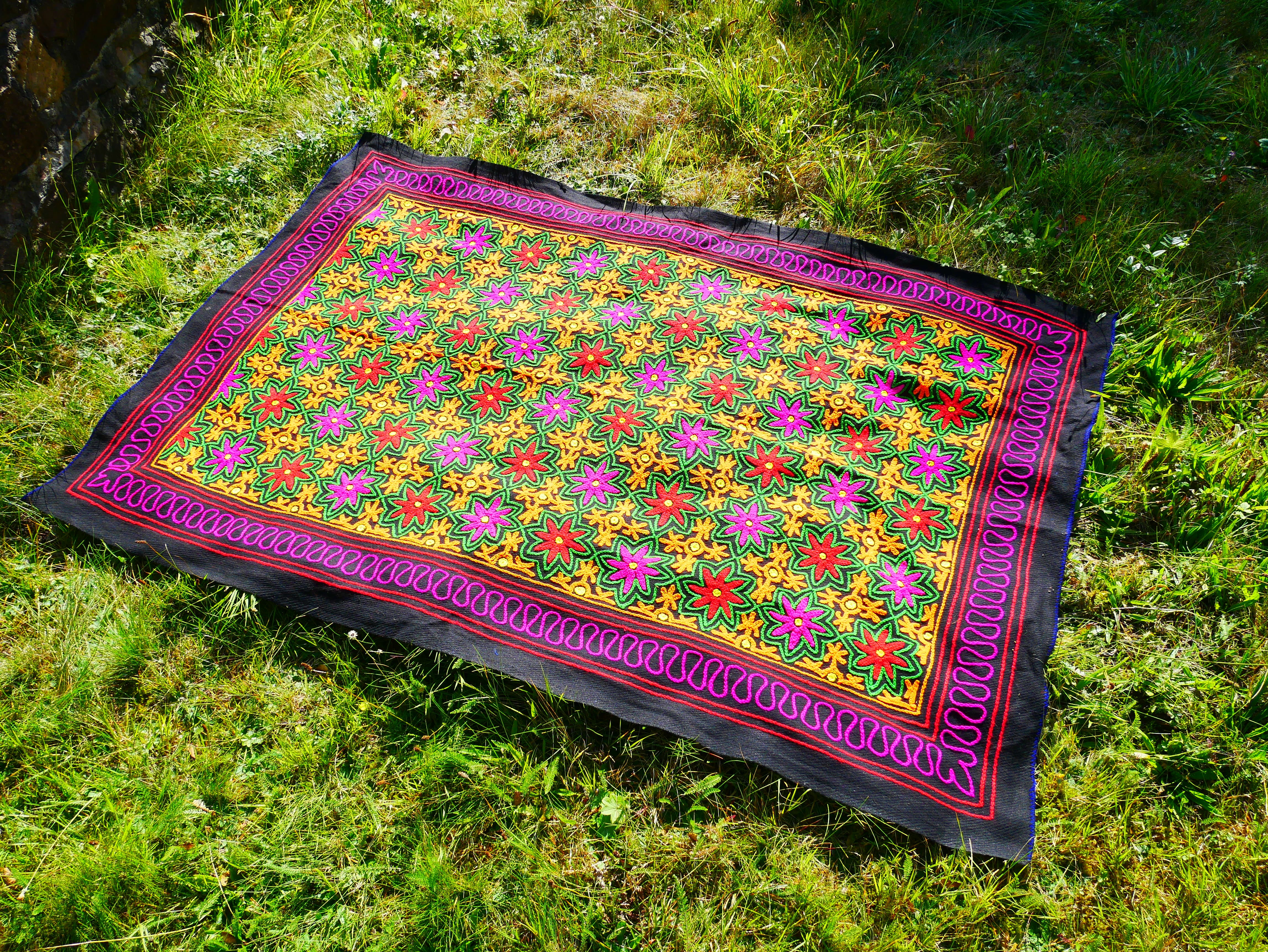 Kashmiri Gabba: Unique Handmade Wool Blanket Rug Boho Style Throw Blanket with Colorful Embroidery -Hippie Floor Seating Meditation decor - The Shanti Home