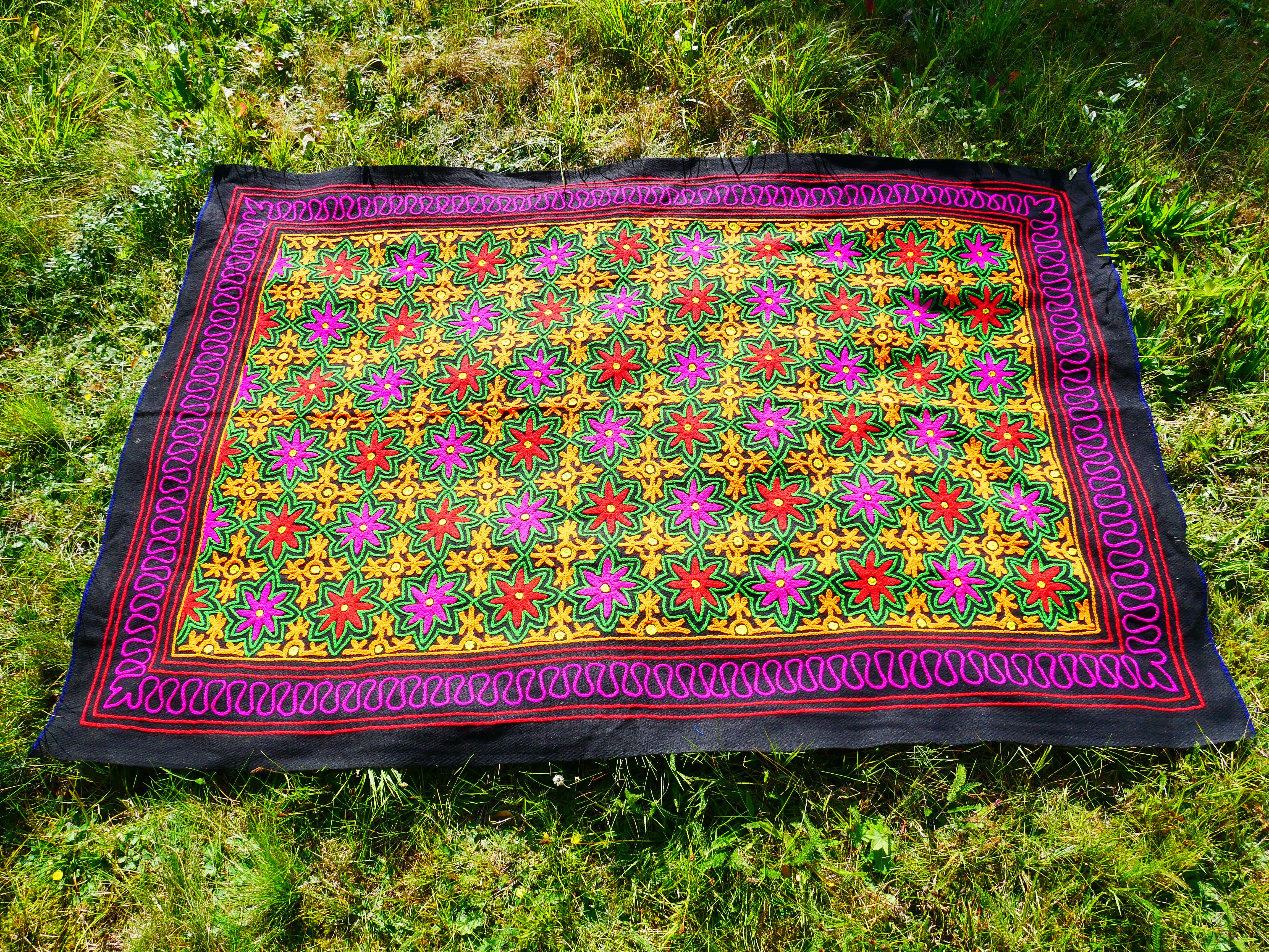 Kashmiri Gabba: Unique Handmade Wool Blanket Rug Boho Style Throw Blanket with Colorful Embroidery -Hippie Floor Seating Meditation decor - The Shanti Home