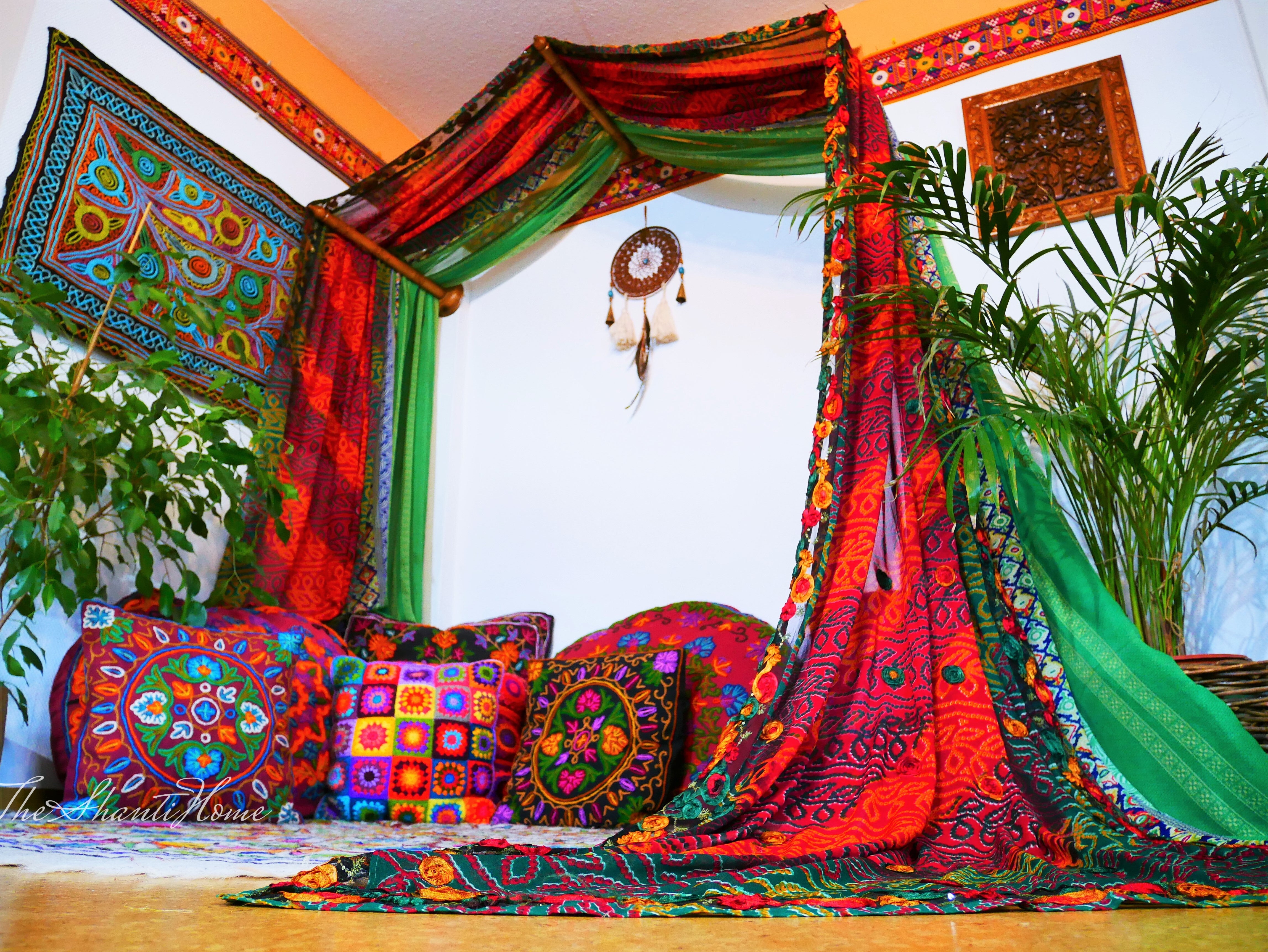 Saree Bed canopy - with handcrafted walnut wood rods and vintage Indian sarees - The Shanti Home