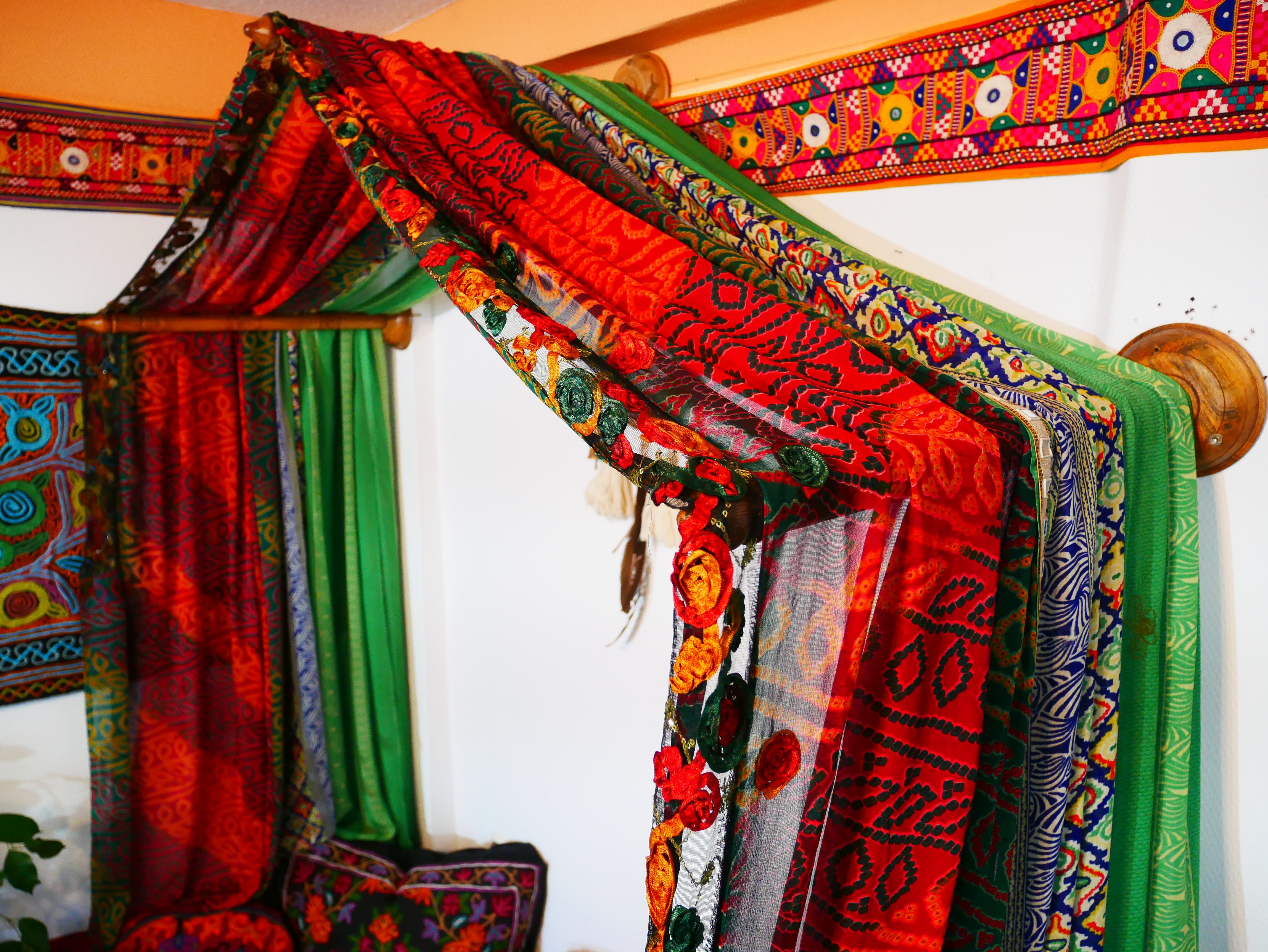Saree Bed canopy - with handcrafted walnut wood rods and vintage Indian sarees - The Shanti Home