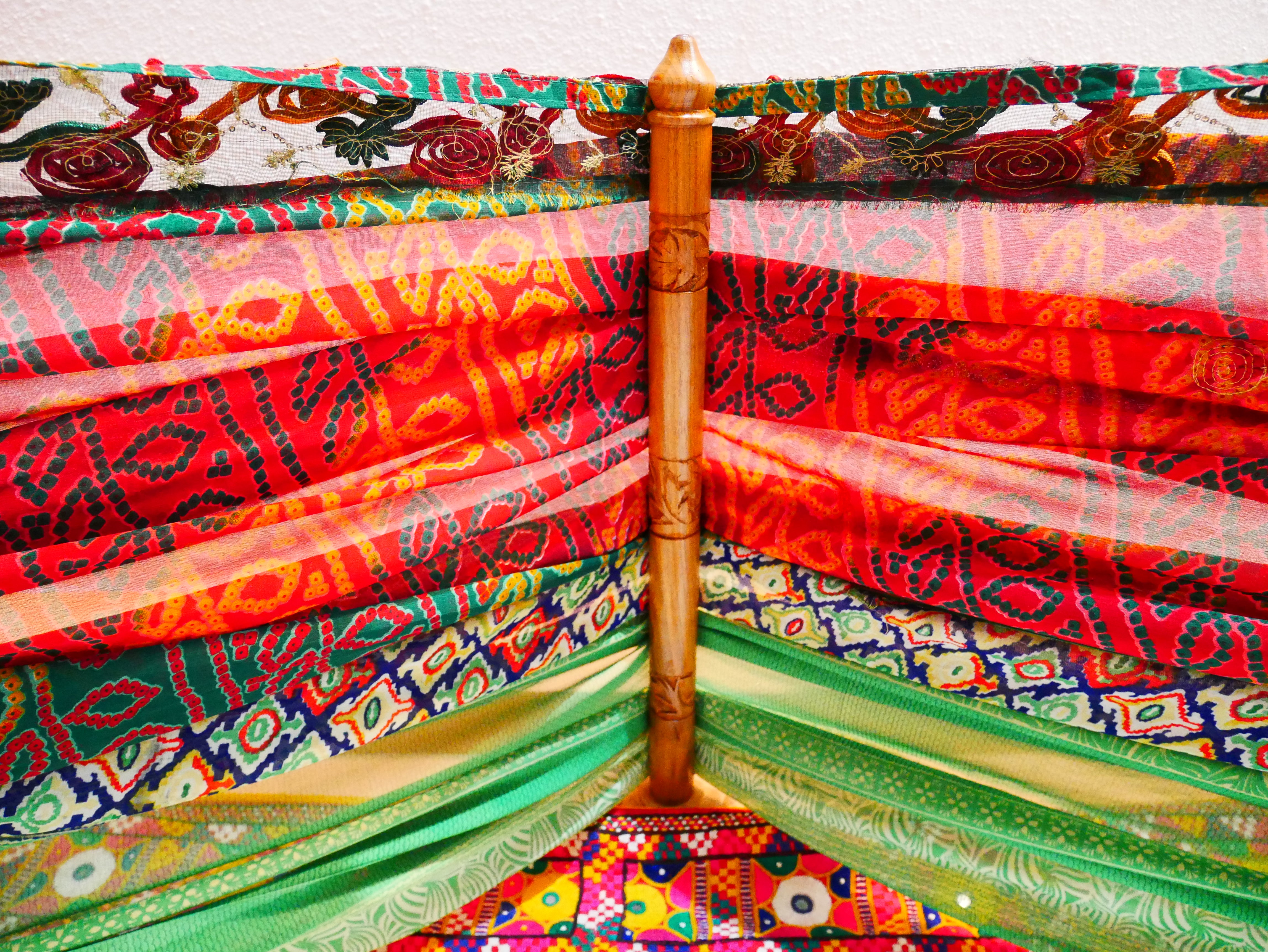 Saree Bed canopy - with handcrafted walnut wood rods and vintage Indian sarees - The Shanti Home