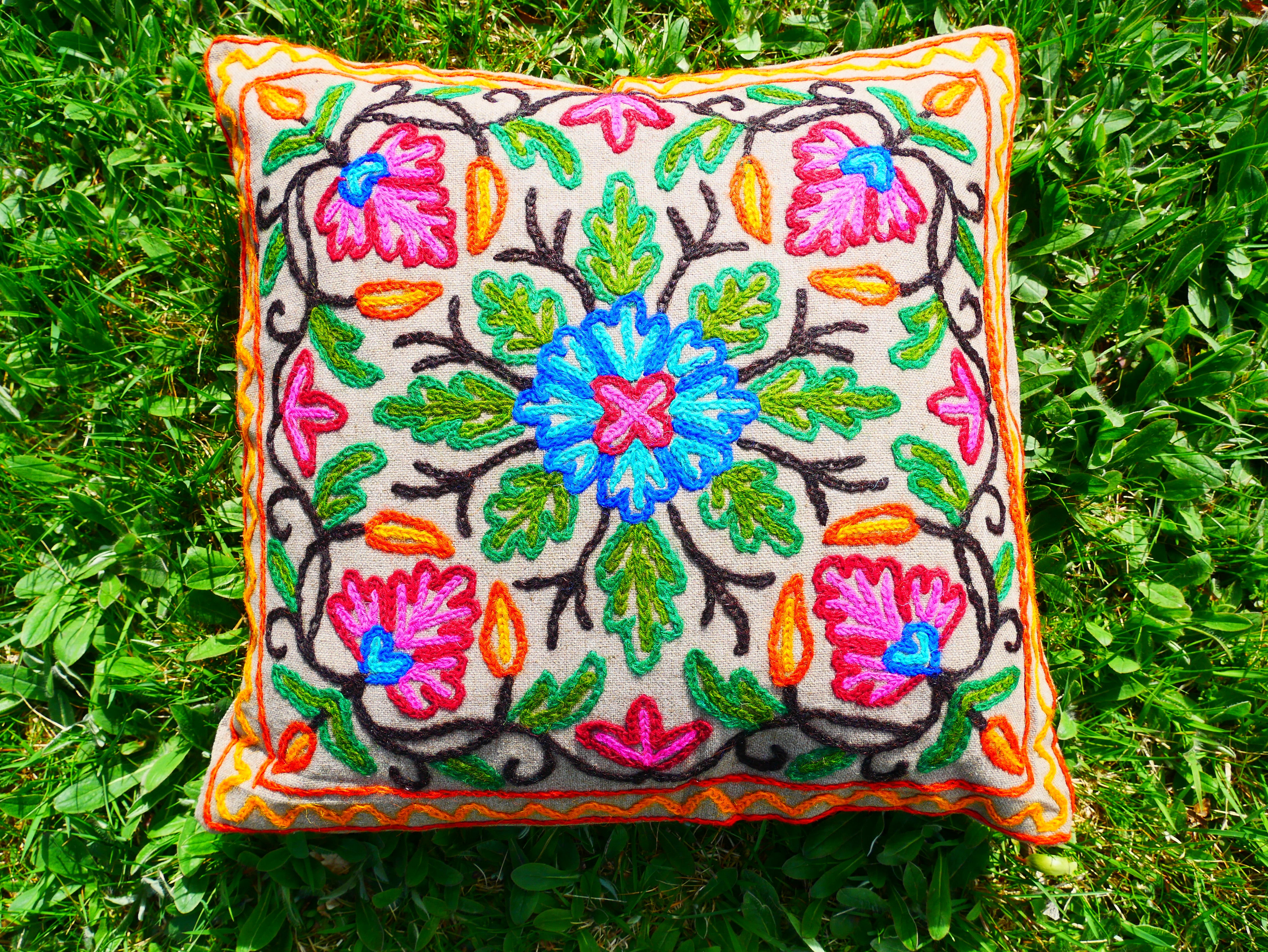 Colorful Kashmiri Crewel Pillow Covers: Handcrafted by Artisans 16x16 inches - The Shanti Home