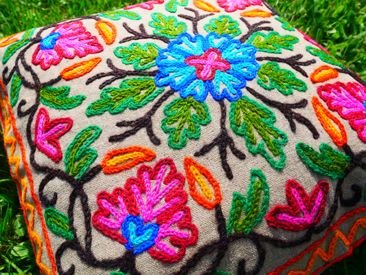 Colorful Kashmiri Crewel Pillow Covers: Handcrafted by Artisans  16x16 inches - The Shanti Home