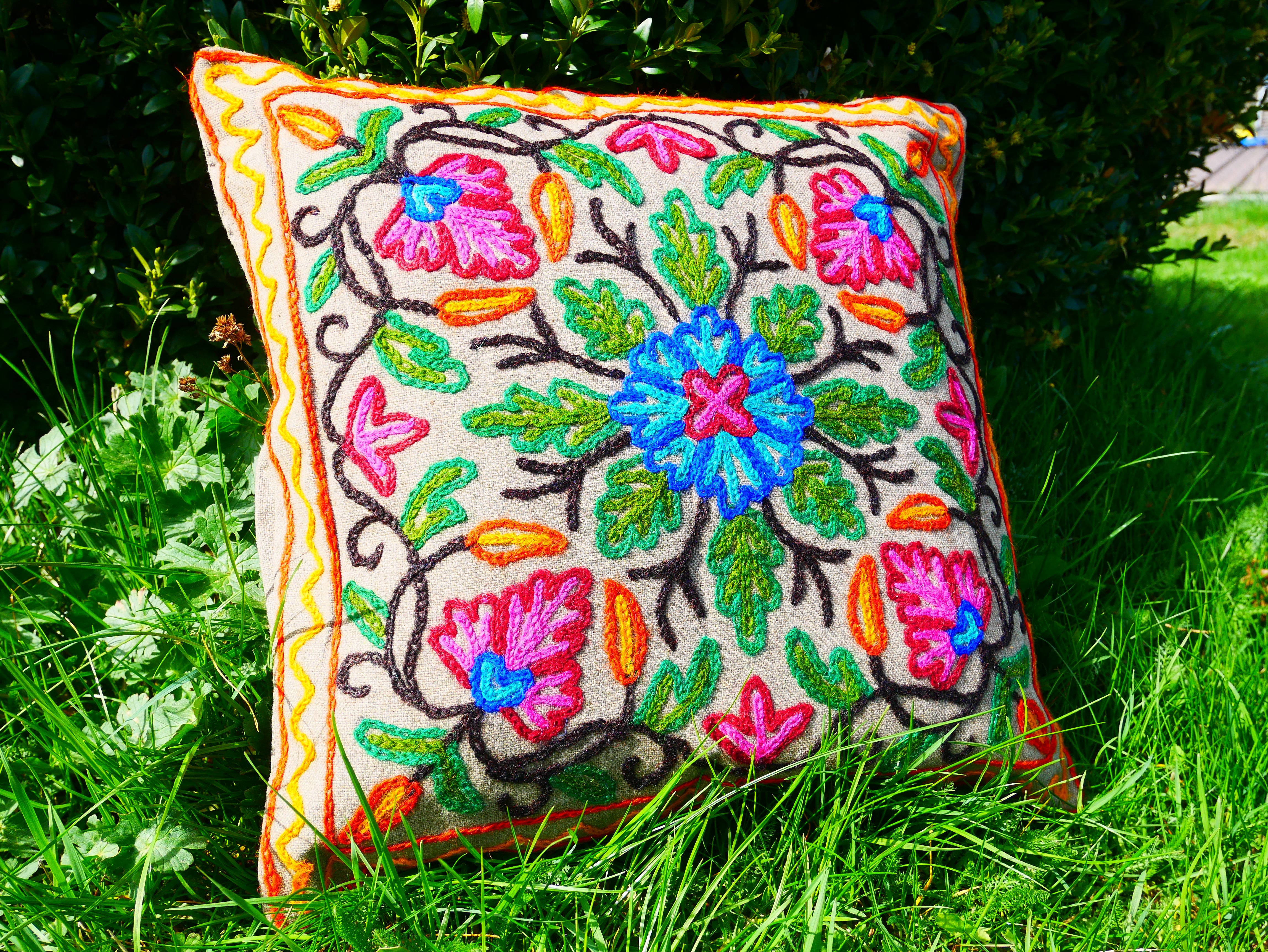 Colorful Kashmiri Crewel Pillow Covers: Handcrafted by Artisans 16x16 inches - The Shanti Home