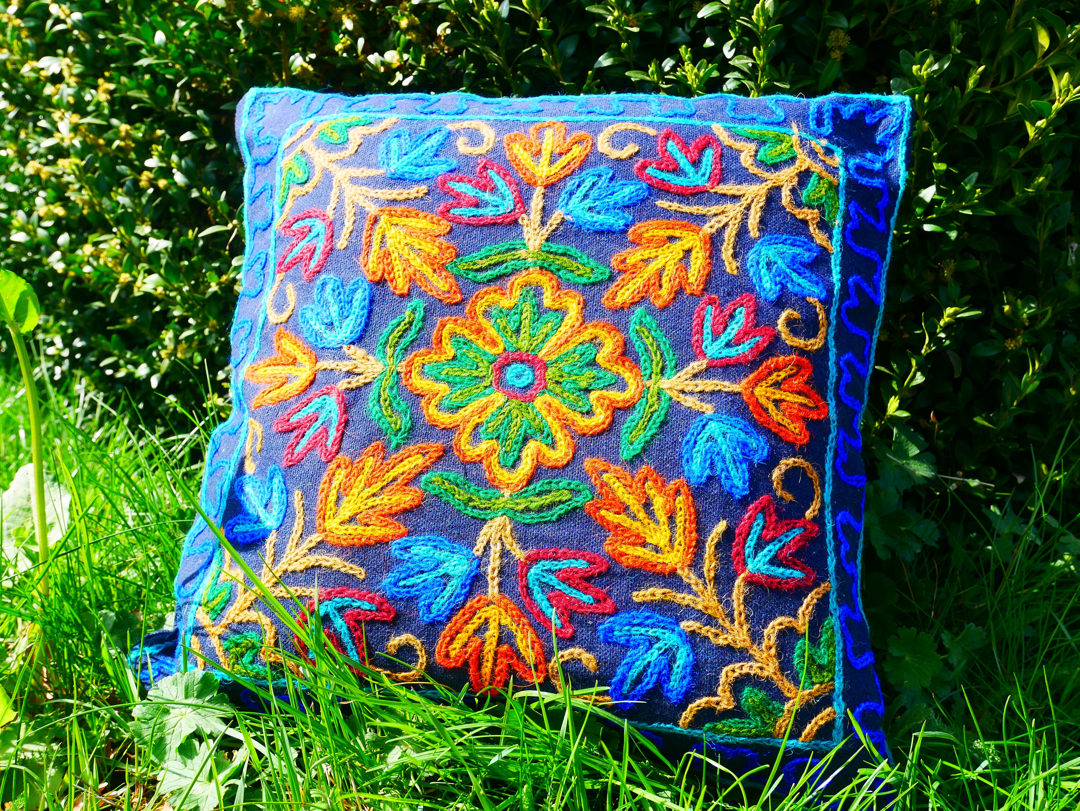 Colorful Kashmiri Crewel Pillow Covers: Handcrafted by Artisans 16x16 inches - The Shanti Home