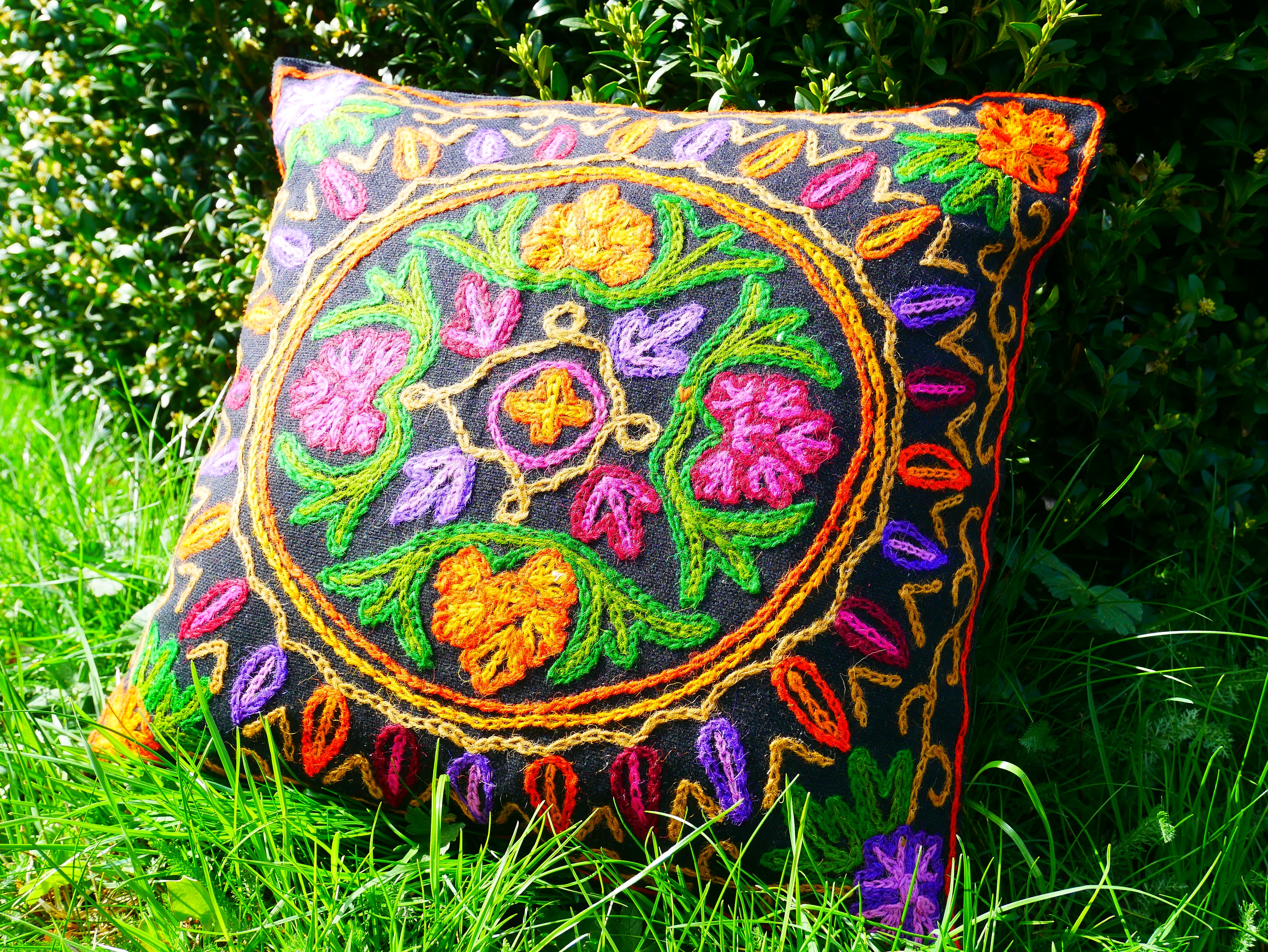 Colorful Kashmiri Crewel Pillow Covers: Handcrafted by Artisans 16x16 inches - The Shanti Home