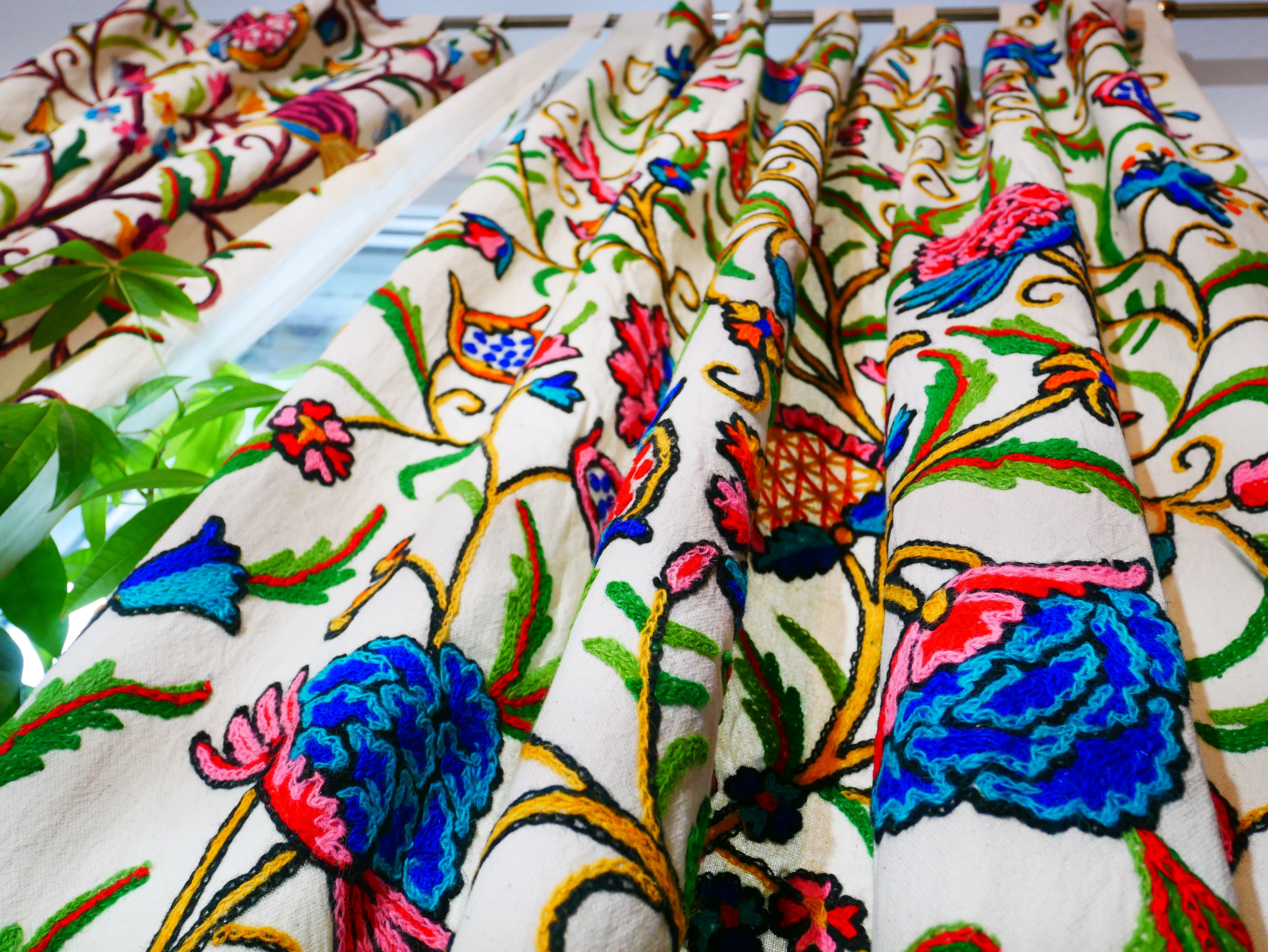 Cortina bordada de Cachemira - Cortinas de flores bordadas a mano - Cortina de dormitorio de algodón y lana - Cortina bohemia