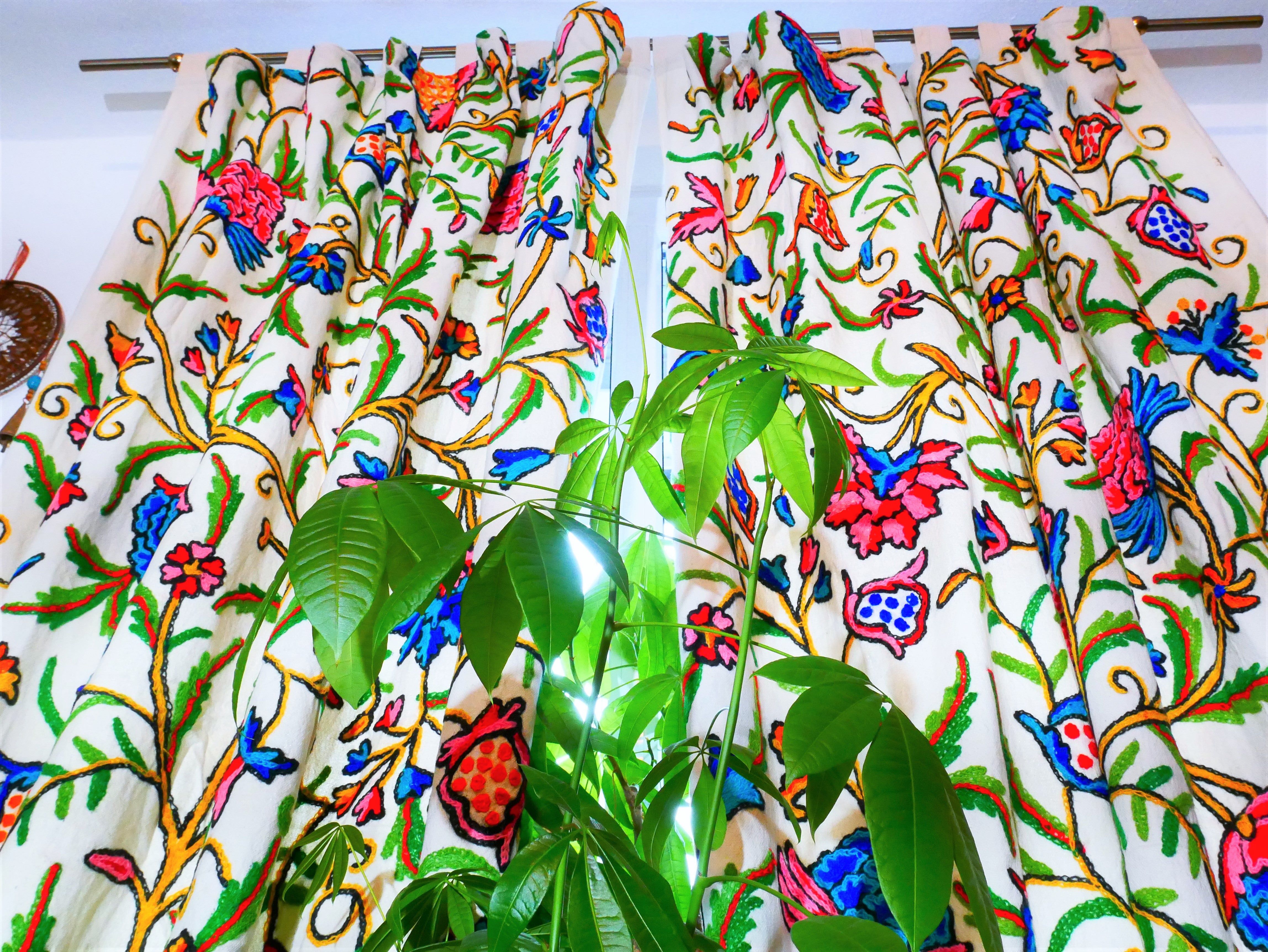 Cortina bordada de Cachemira - Cortinas de flores bordadas a mano - Cortina de dormitorio de algodón y lana - Cortina bohemia