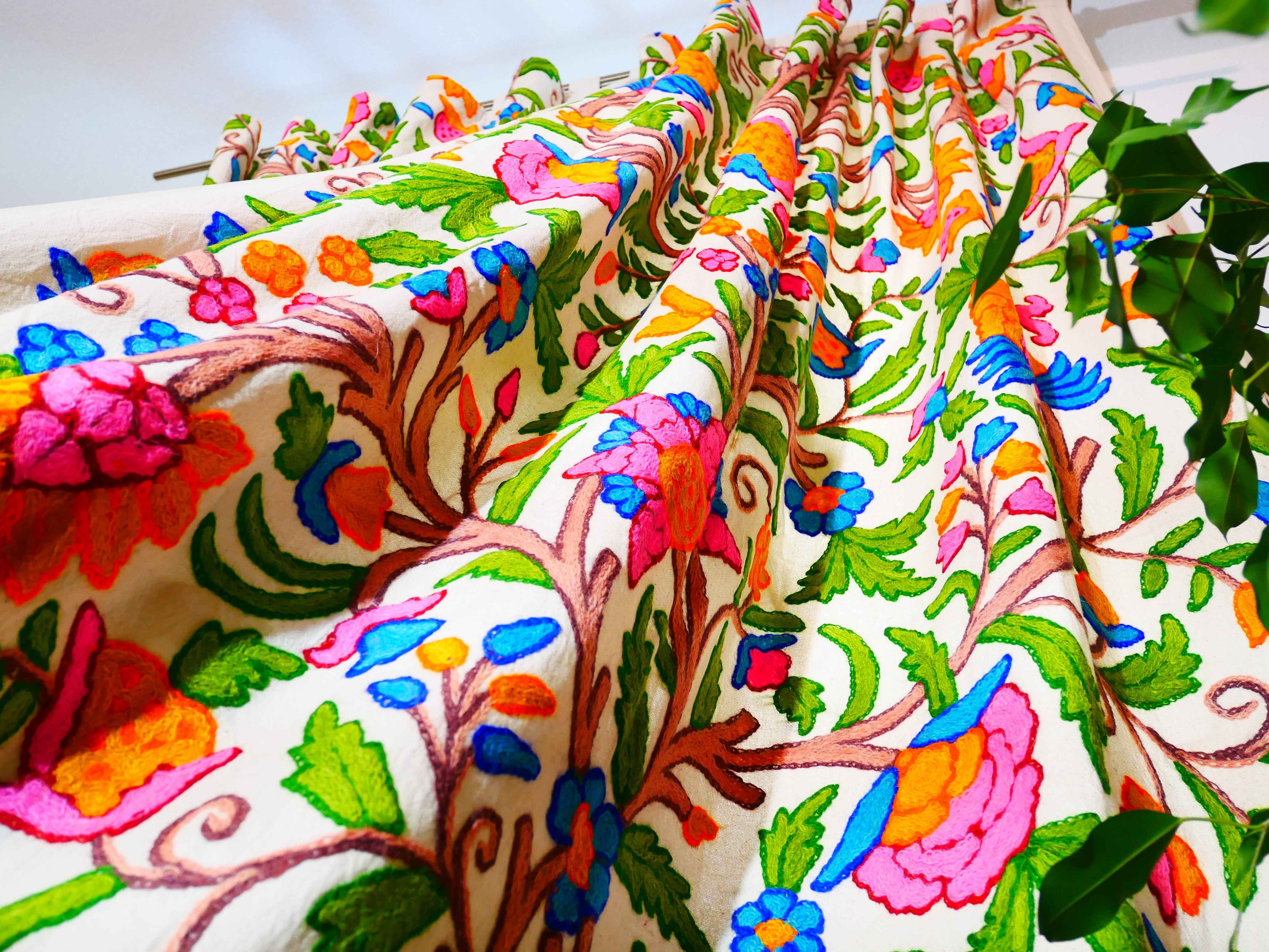 Amazing Embroidery curtain - Hand embroidered Flower curtains - Kashmiri cotton and wool bedroom curtain- Boho Blackout curtain - The Shanti Home