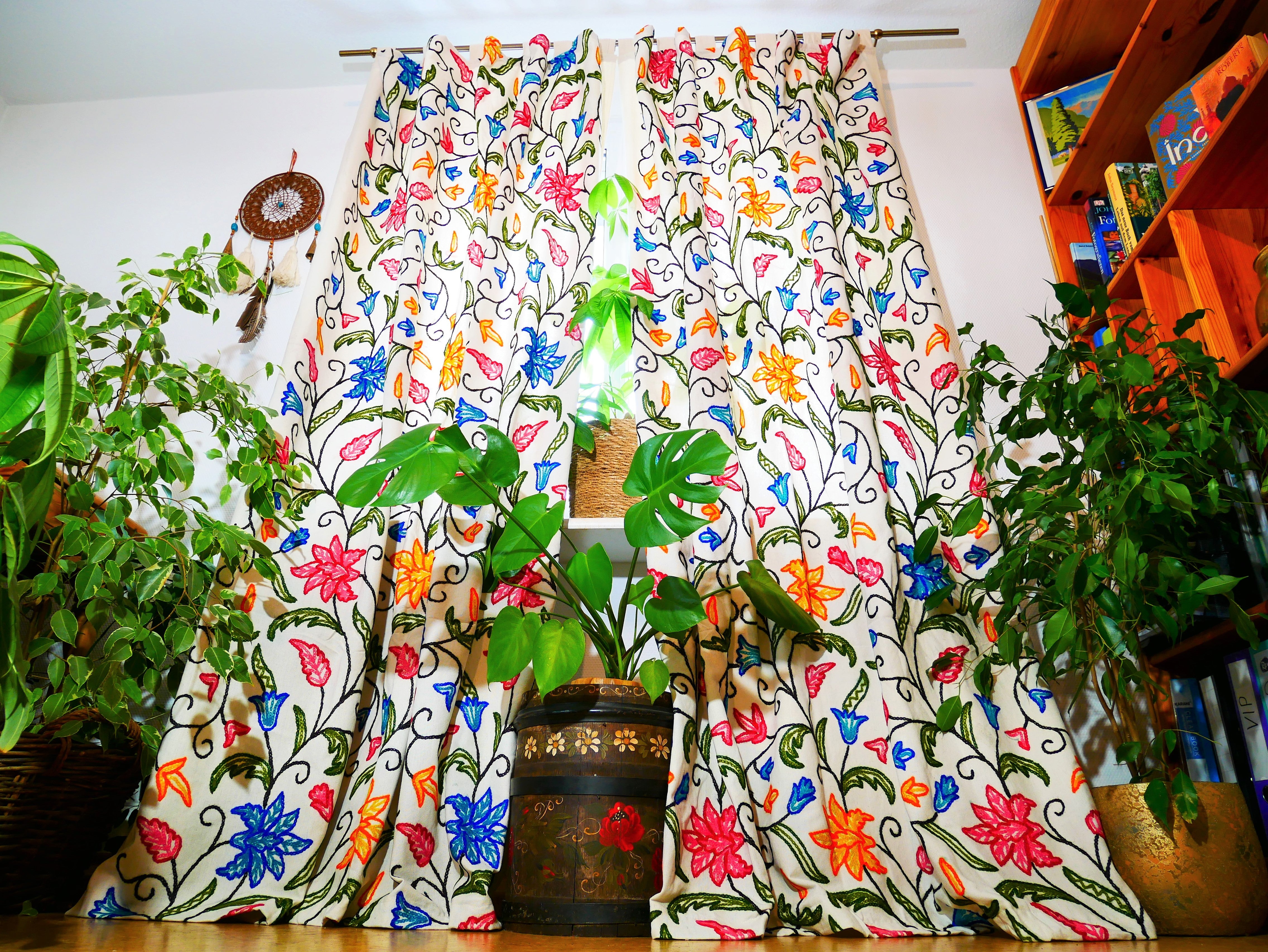 Panel de cortina bordado de Cachemira - Cortina de flores bordada a mano de algodón y lana para dormitorio - Cortina opaca estilo bohemio