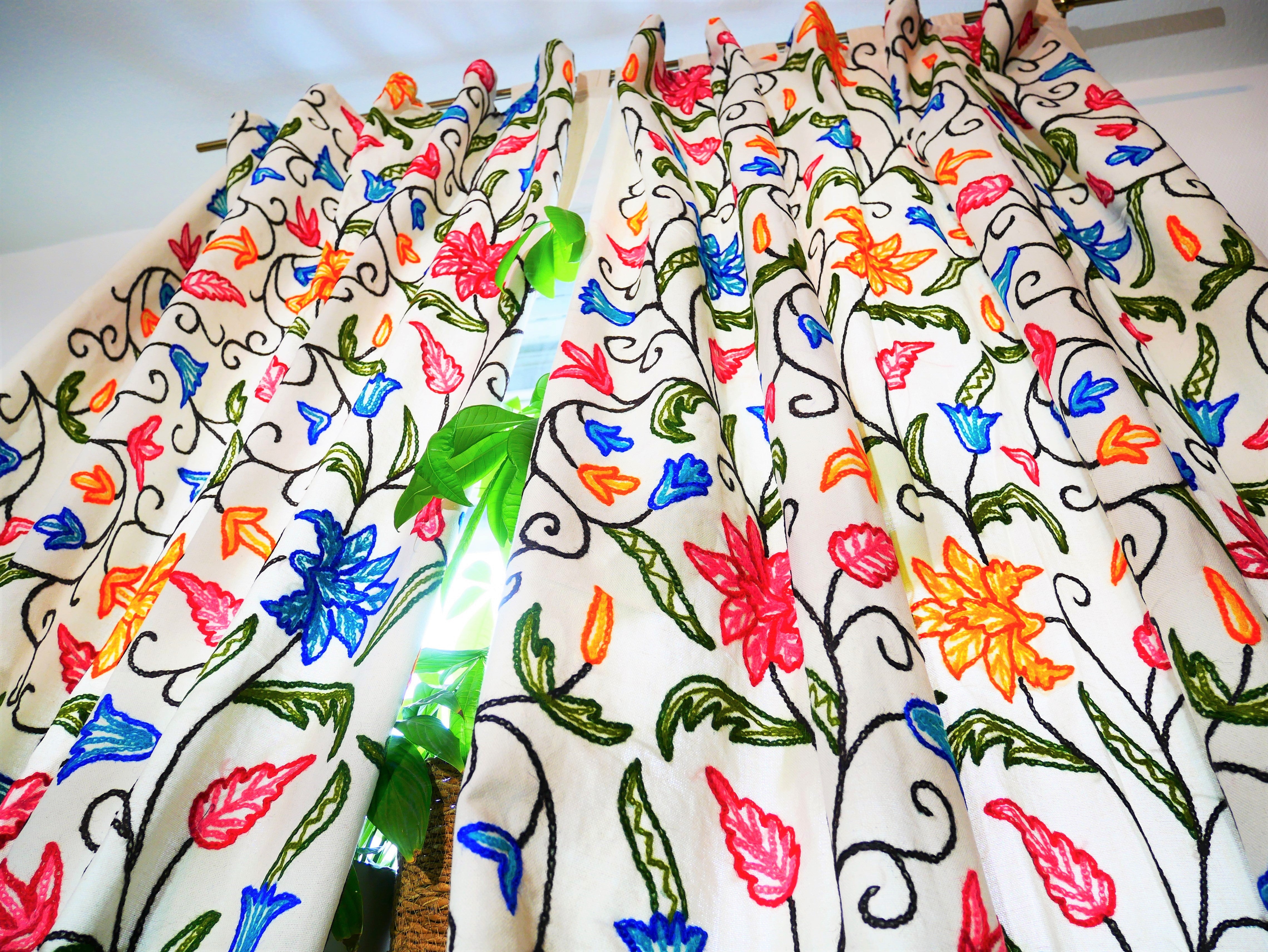 Kashmiri Embroidery curtain panel - Hand embroidered Flower curtain cotton and wool bedroom curtain- Boho Blackout curtain