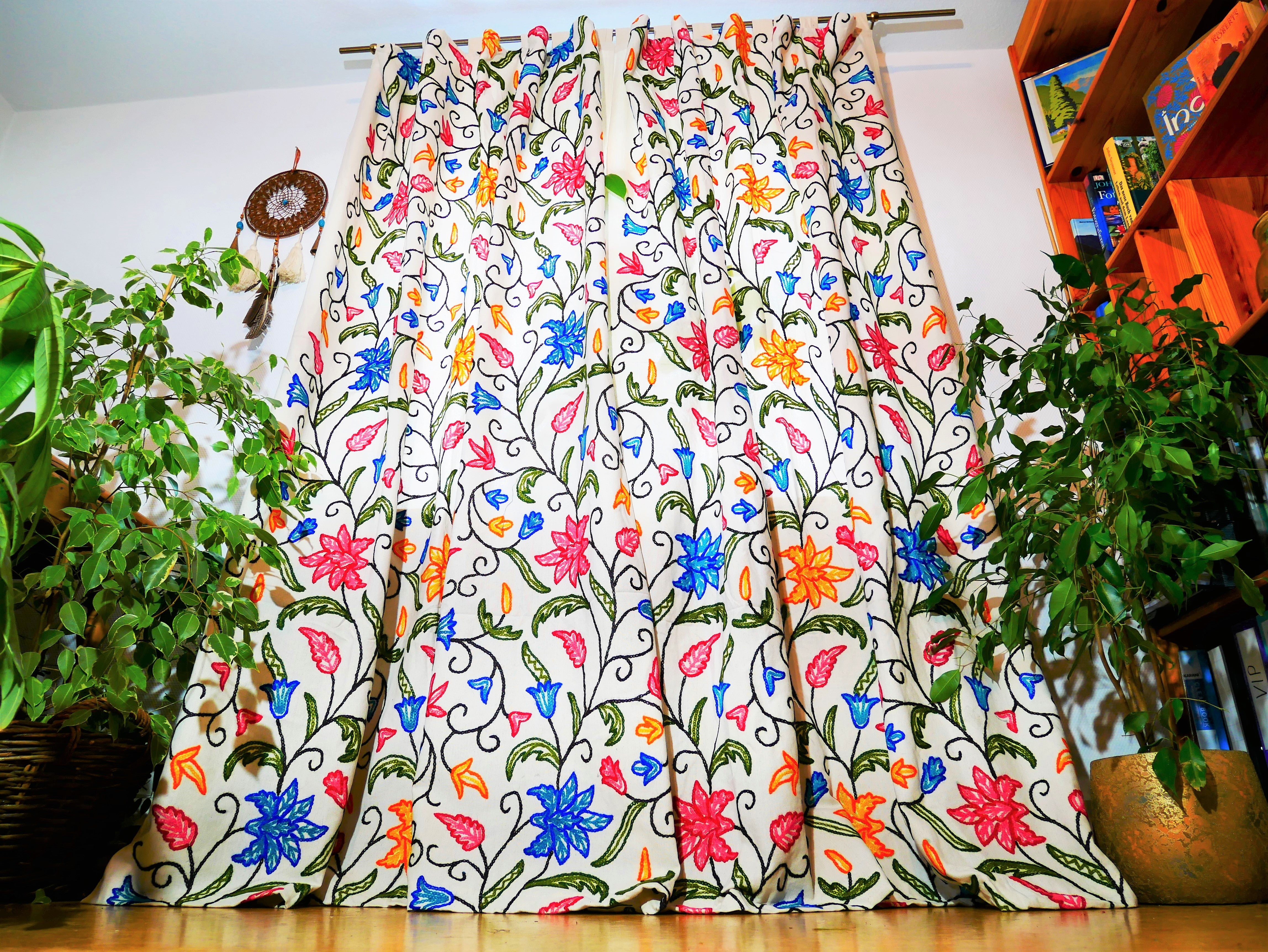 Panel de cortina bordado de Cachemira - Cortina de flores bordada a mano de algodón y lana para dormitorio - Cortina opaca estilo bohemio