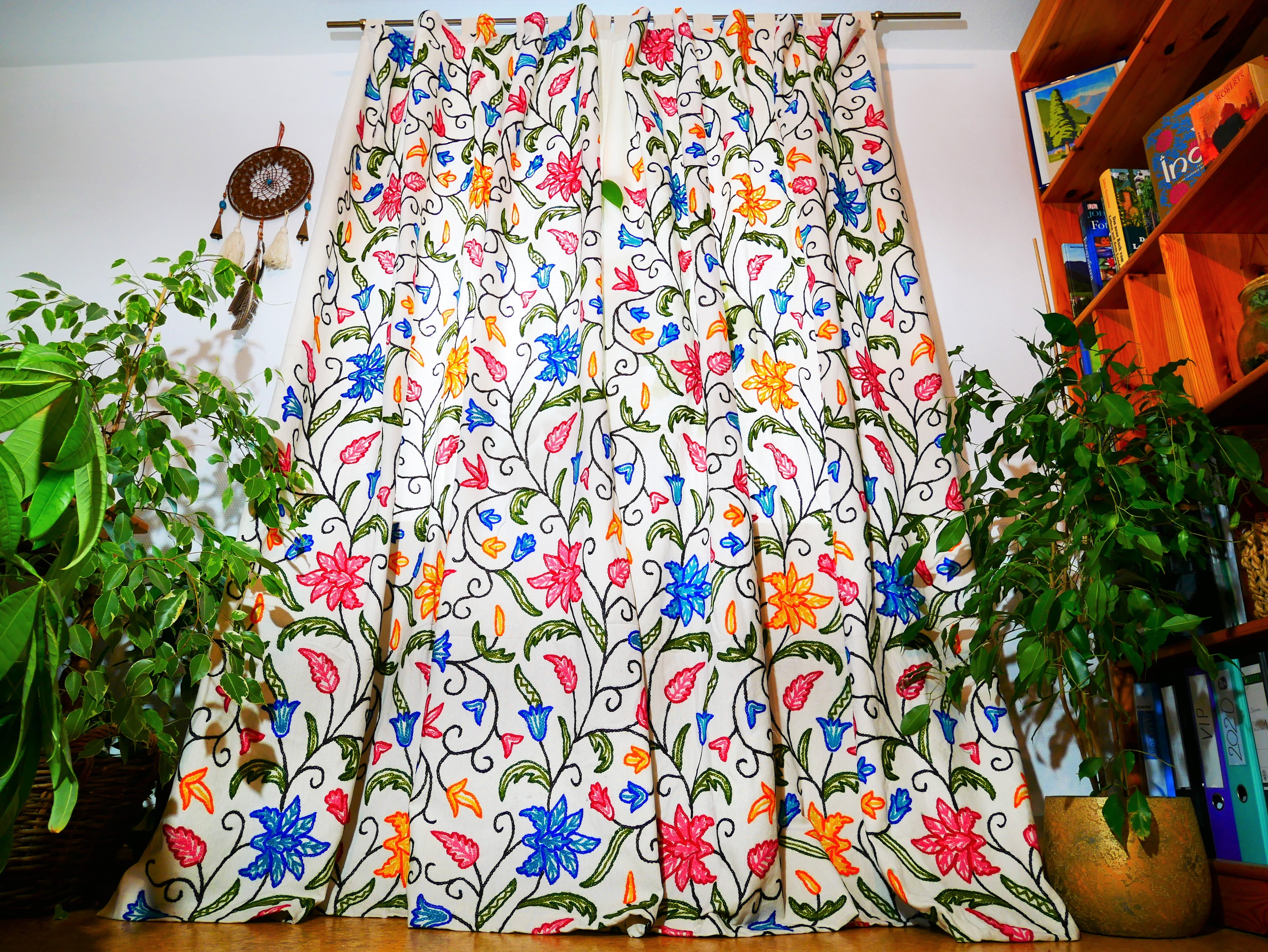 Panel de cortina bordado de Cachemira - Cortina de flores bordada a mano de algodón y lana para dormitorio - Cortina opaca estilo bohemio