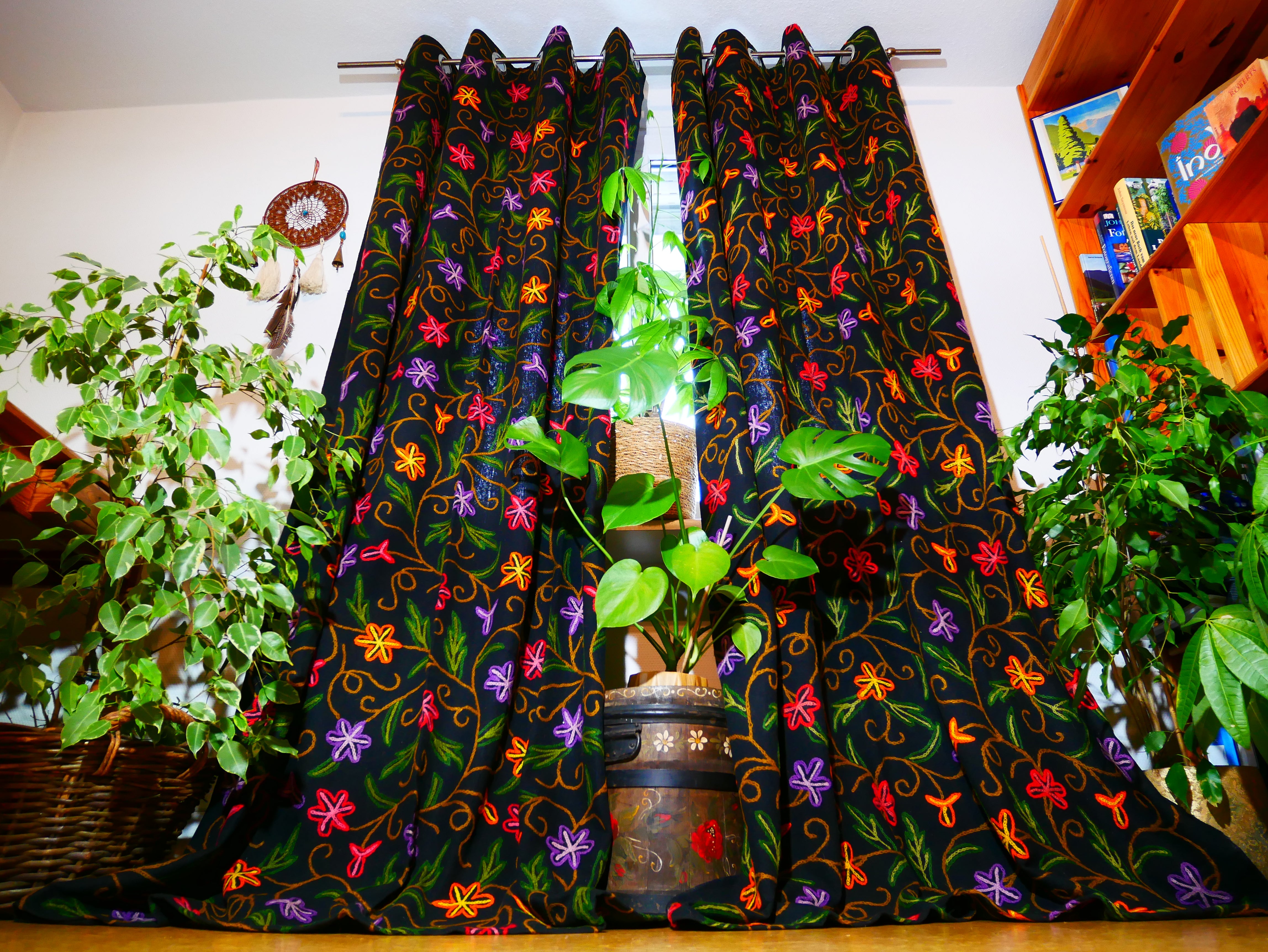 Amazing Embroidery curtain panel - Hand embroidered Flower curtain - Kashmiri cotton and wool bedroom curtain- Boho Blackout curtain - The Shanti Home
