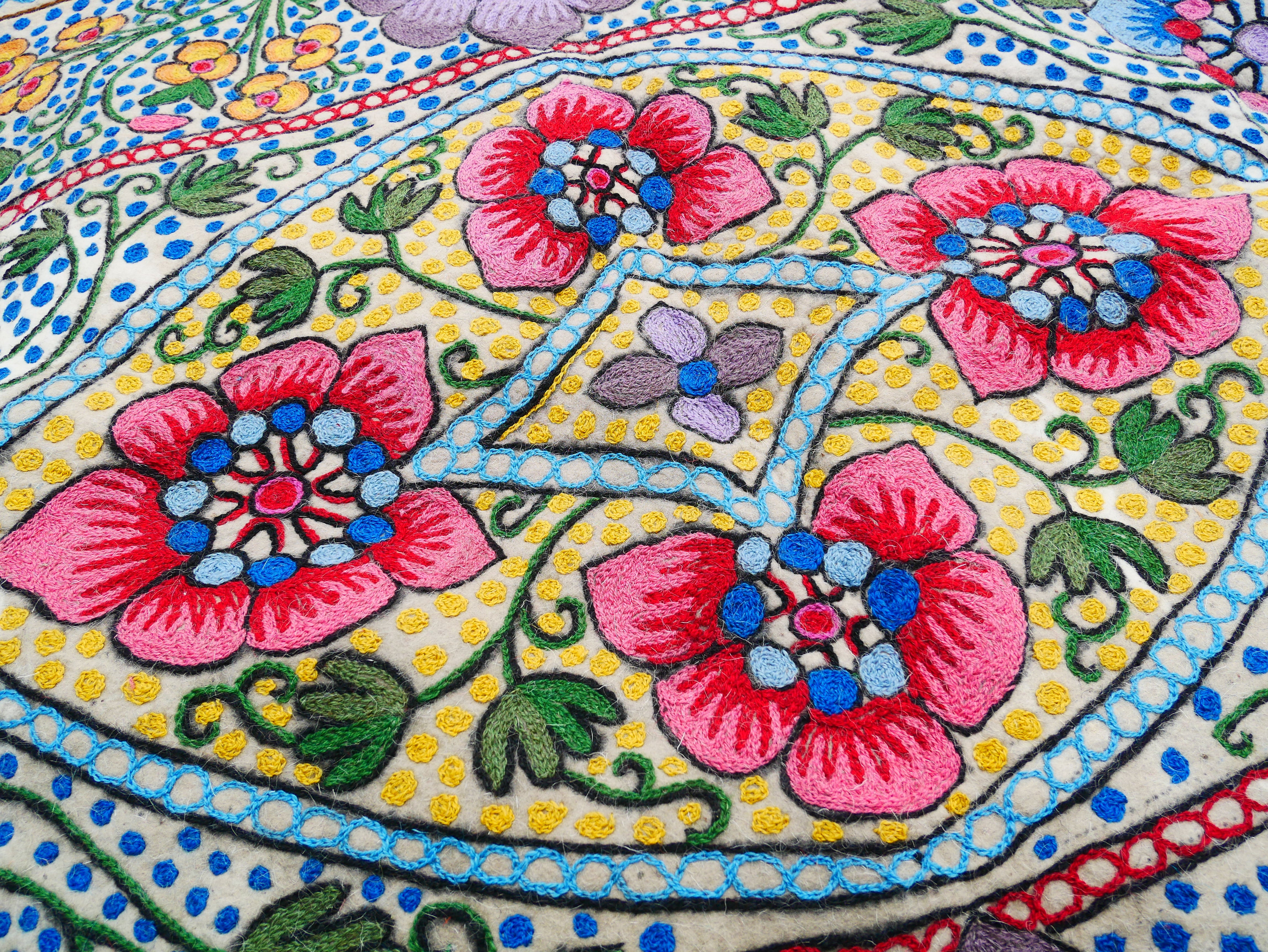 Felted wool rug "Himalayan flower" | colorful area rug "Namda" from Kashmir | floral embroidery on white 6x4 ' felt rug | bohemian - boho - The Shanti Home