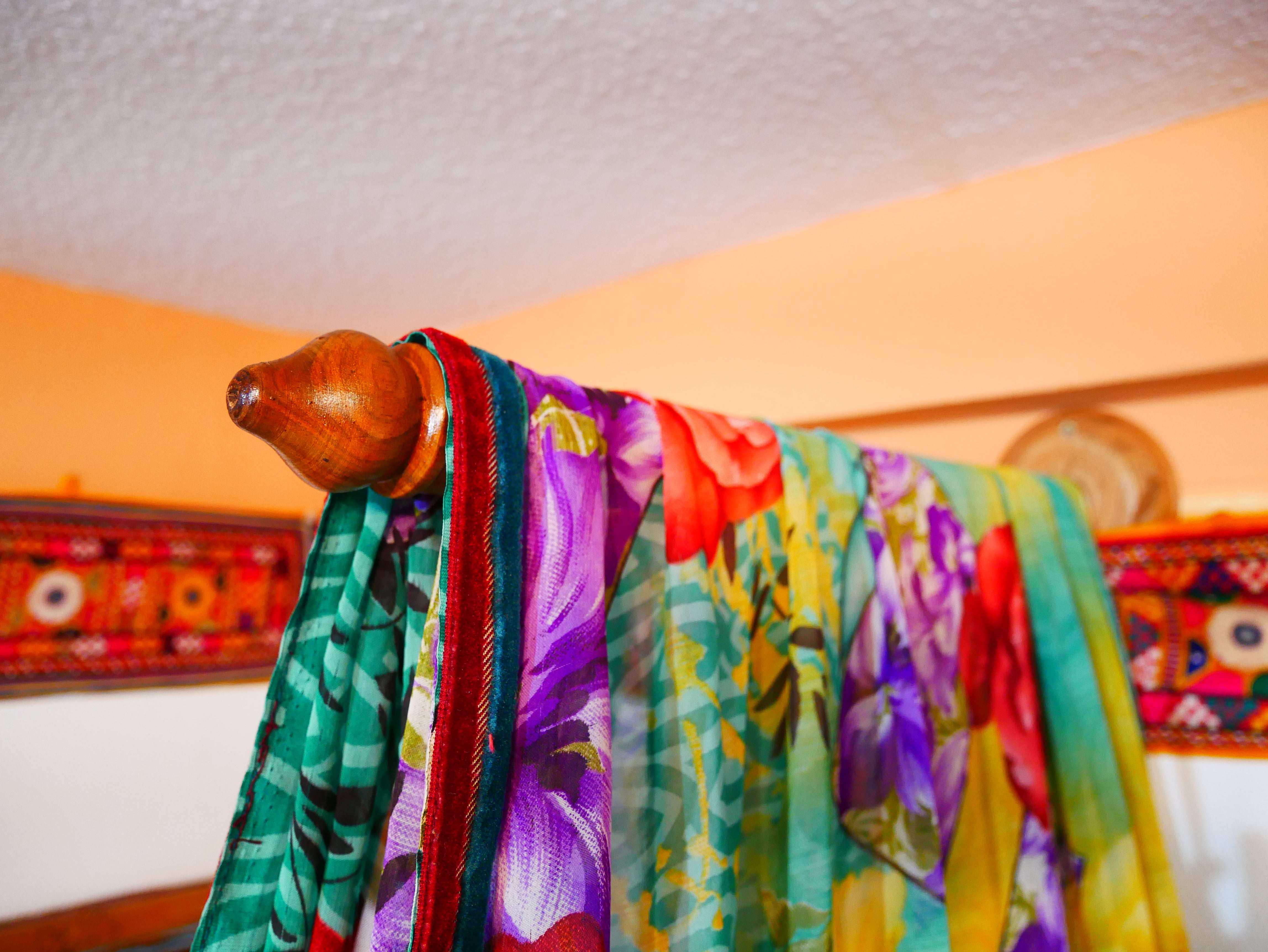 Baby Bed Canopy Kashmiri Crib Canopy Set Colorful Indian Saree Bed Curtain with Hand-Carved Walnut Curtain Rod Hippie Style Nursery Decor Baldachin - The Shanti Home