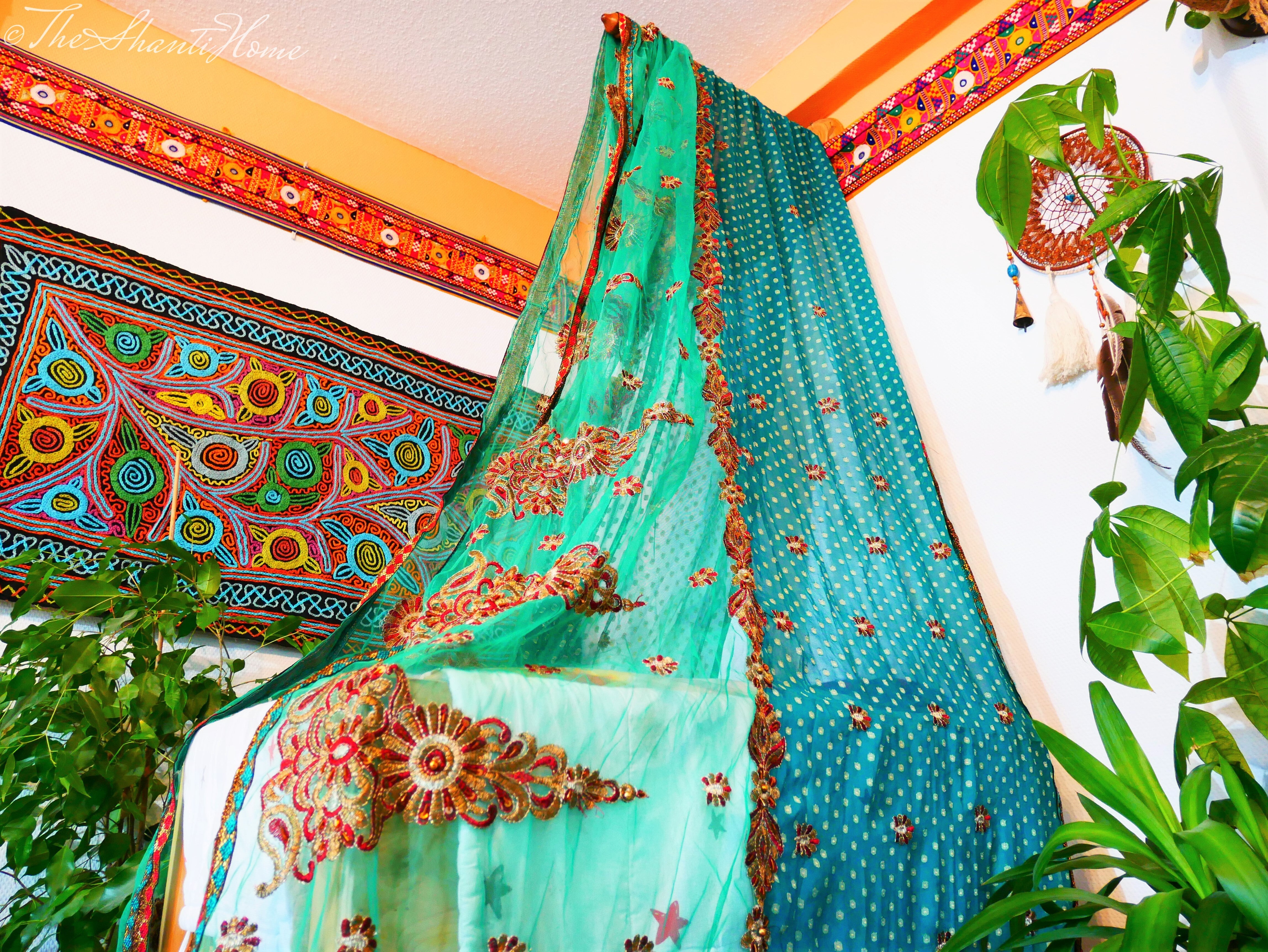 Baby Bed Canopy Kashmiri Crib Canopy Set Colorful Indian Saree Bed Curtain with Hand-Carved Walnut Curtain Rod Hippie Style Nursery Decor Baldachin - The Shanti Home