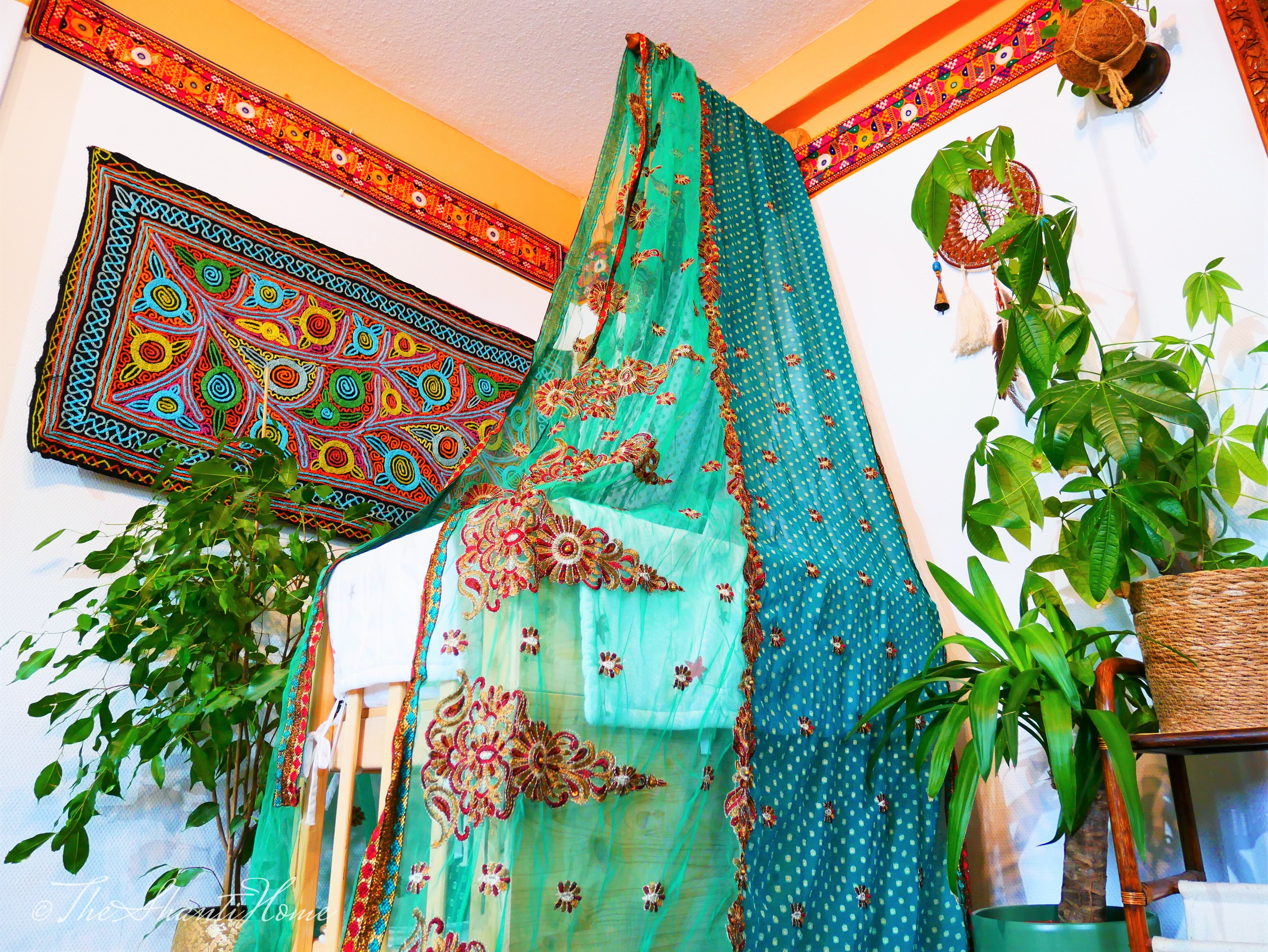 Baby Bed Canopy Kashmiri Crib Canopy Set Colorful Indian Saree Bed Curtain with Hand-Carved Walnut Curtain Rod Hippie Style Nursery Decor Baldachin - The Shanti Home