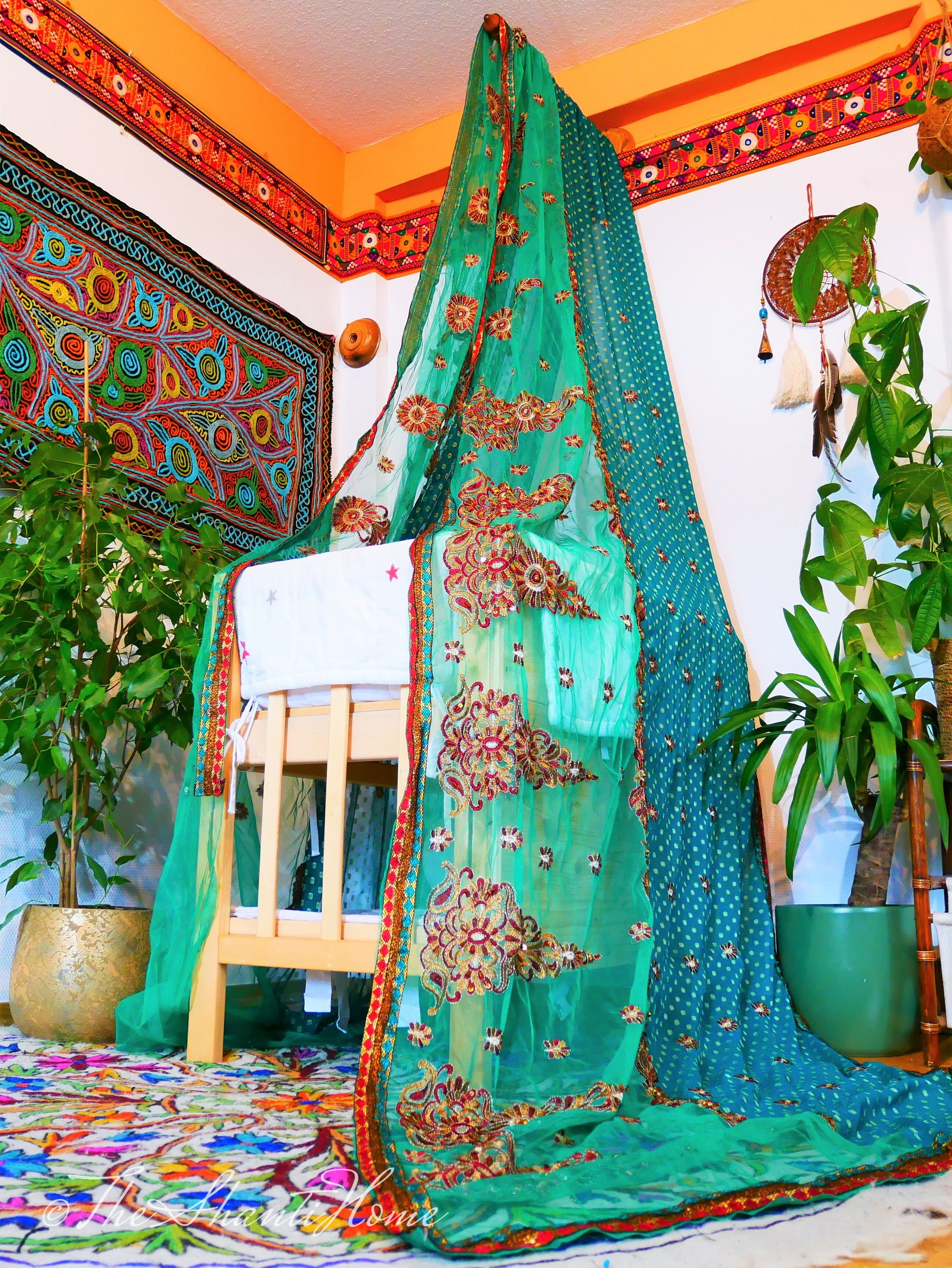 Baby Bed Canopy Kashmiri Crib Canopy Set Colorful Indian Saree Bed Curtain with Hand-Carved Walnut Curtain Rod Hippie Style Nursery Decor Baldachin - The Shanti Home