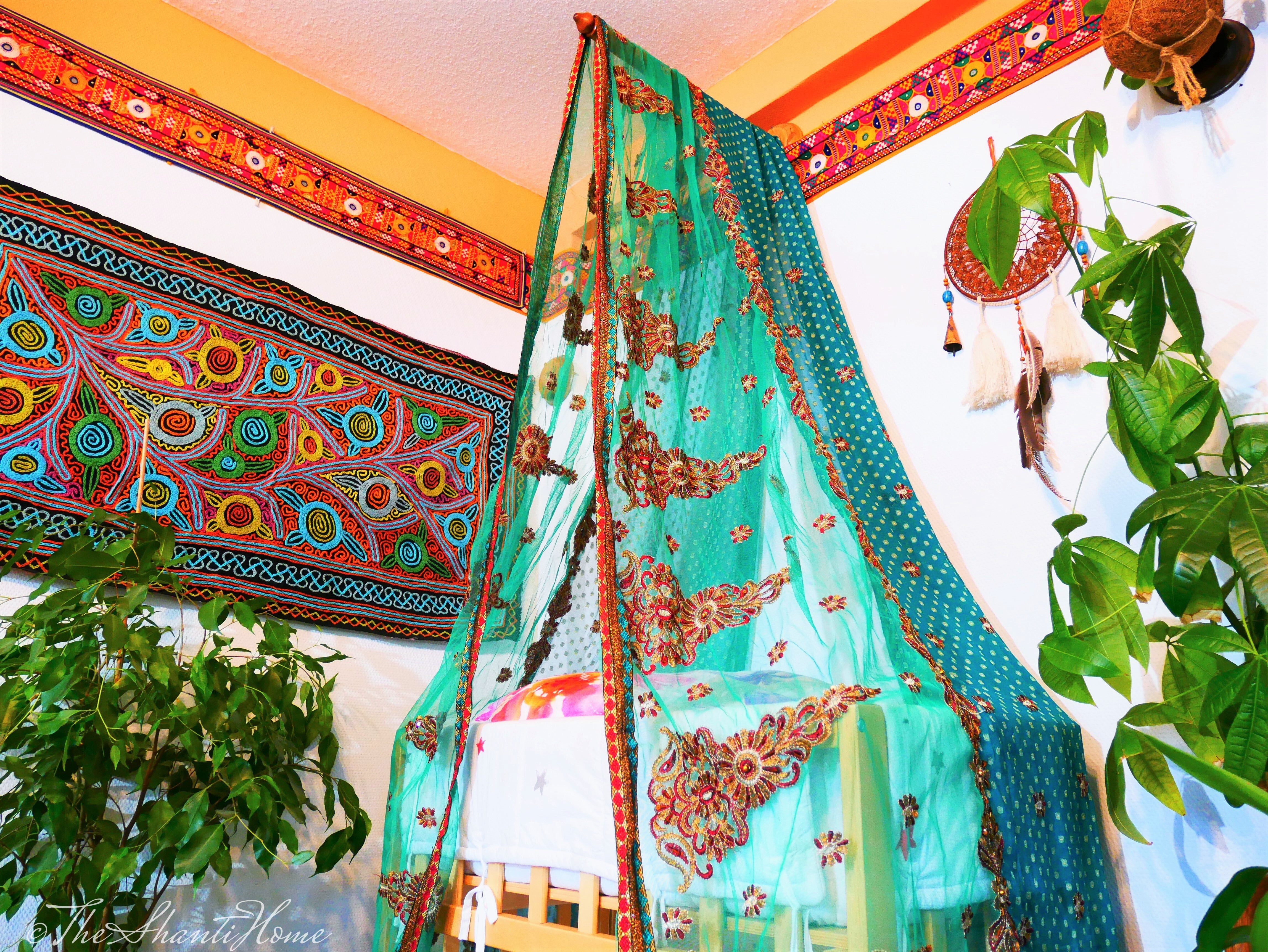 Baby Bed Canopy Kashmiri Crib Canopy Set Colorful Indian Saree Bed Curtain with Hand-Carved Walnut Curtain Rod Hippie Style Nursery Decor Baldachin - The Shanti Home