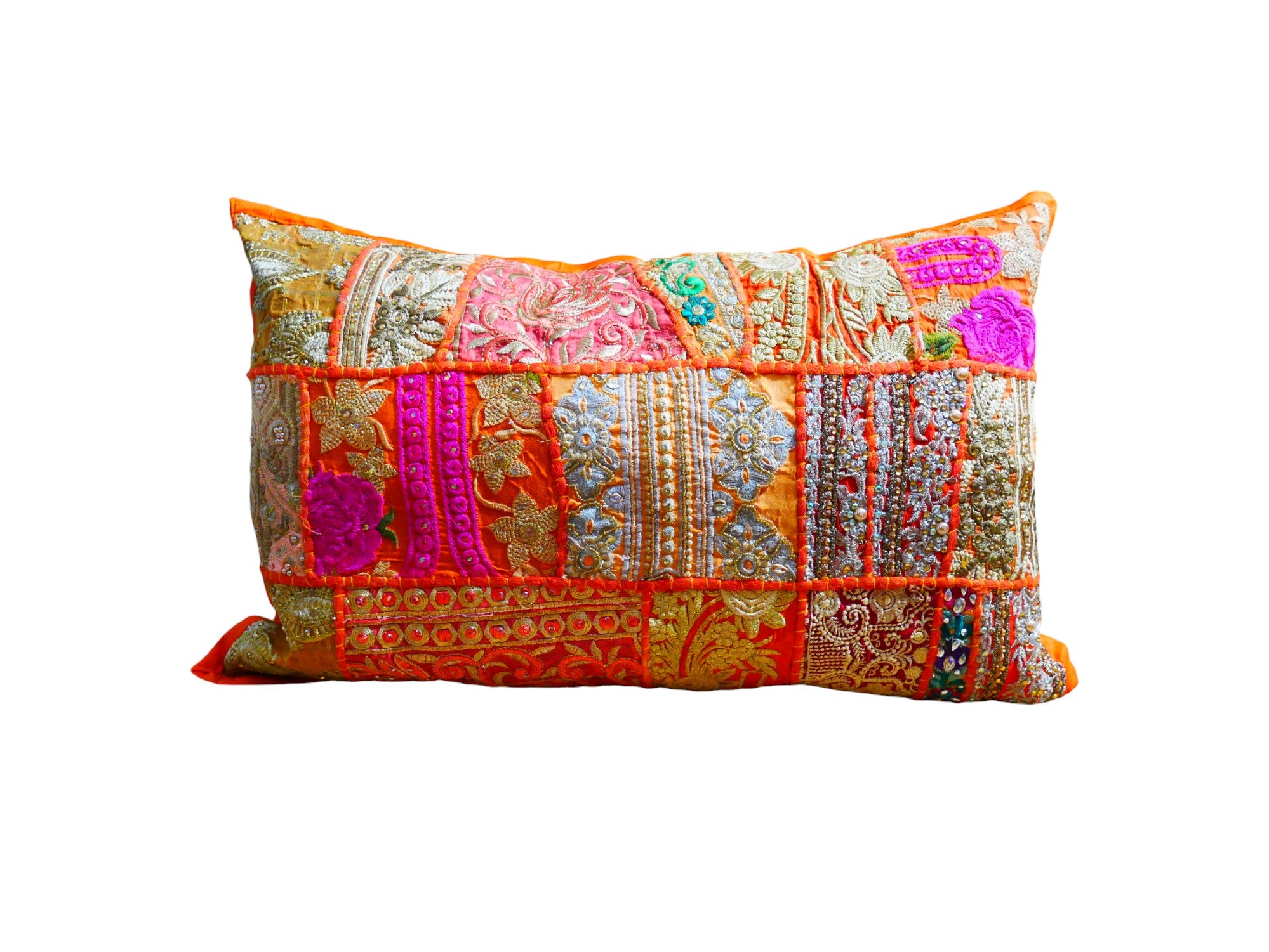 Orange throw pillow - Indian patchwork cushion cover hippie chic | colorful, decorative pillow case for bohemian decor | patchwork pillow hippie cushion COVER - The Shanti Home