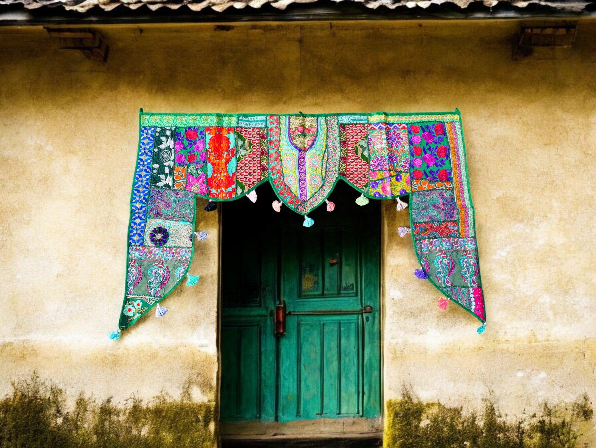 Colgante de puerta indio - Toran - tapiz de pared verde para decoración de pared bohemia y hogares hippies