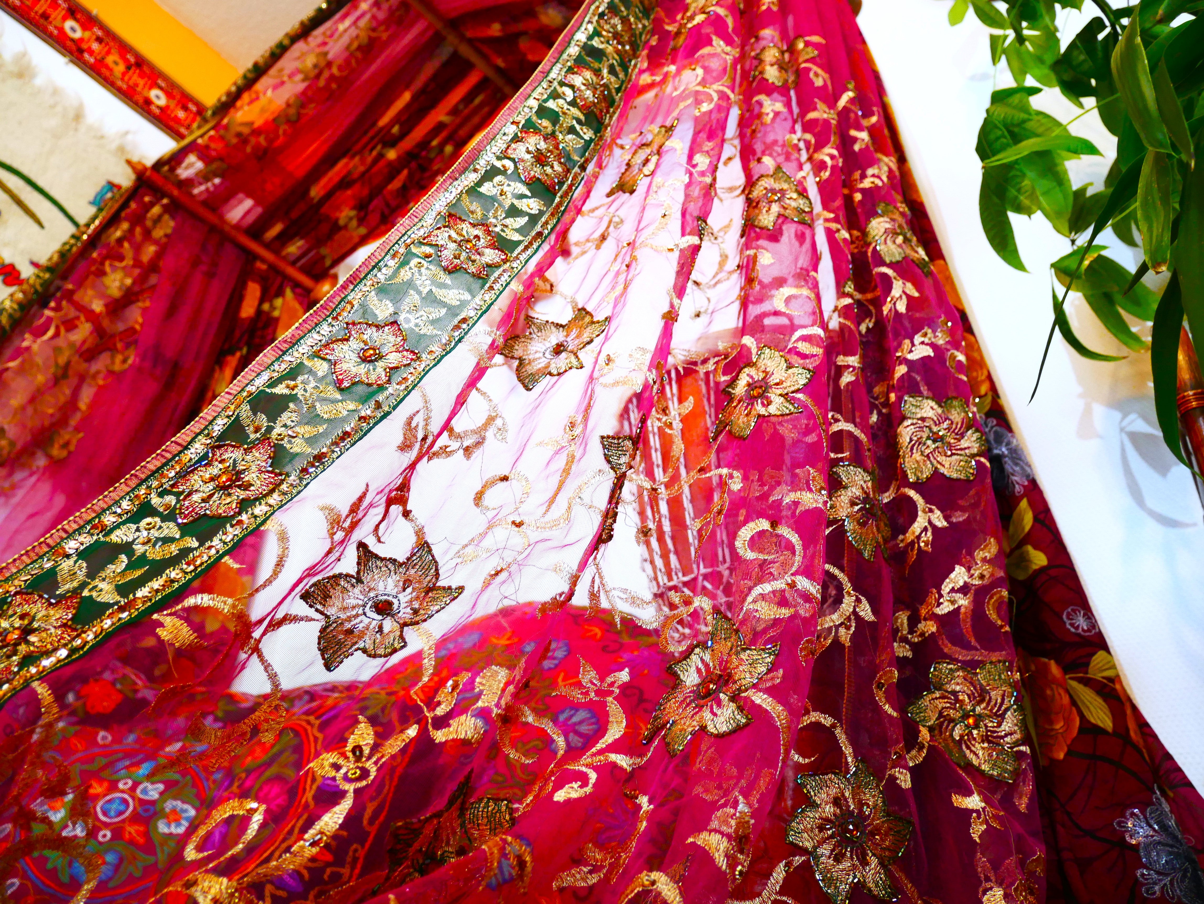 Saree Bed canopy - with handcrafted walnut wood rods and vintage Indian sarees - The Shanti Home