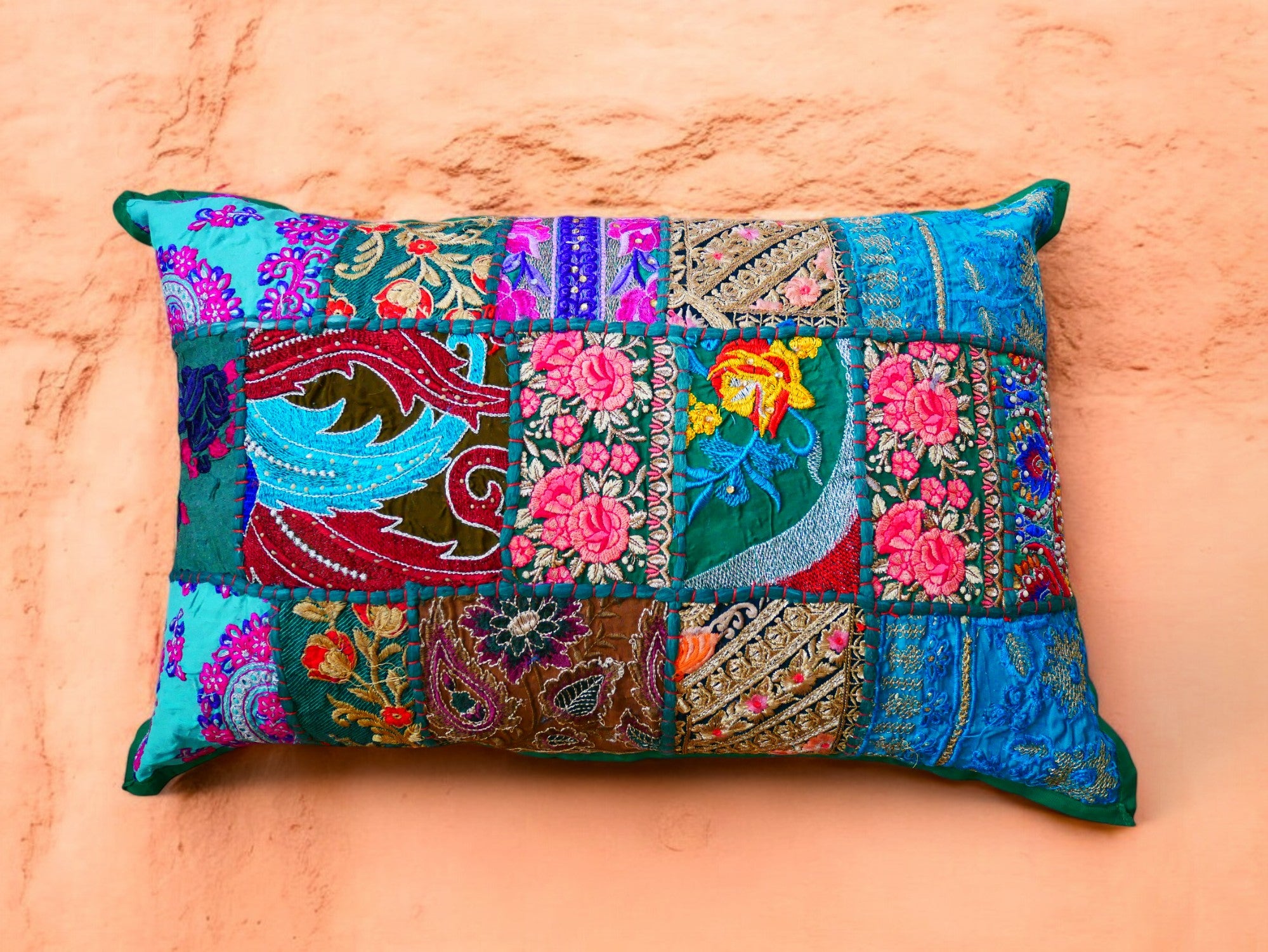Colorful throw pillow - Indian patchwork cushion cover hippie chic | colorful, decorative pillow case for bohemian decor | patchwork pillow hippie cushion COVER