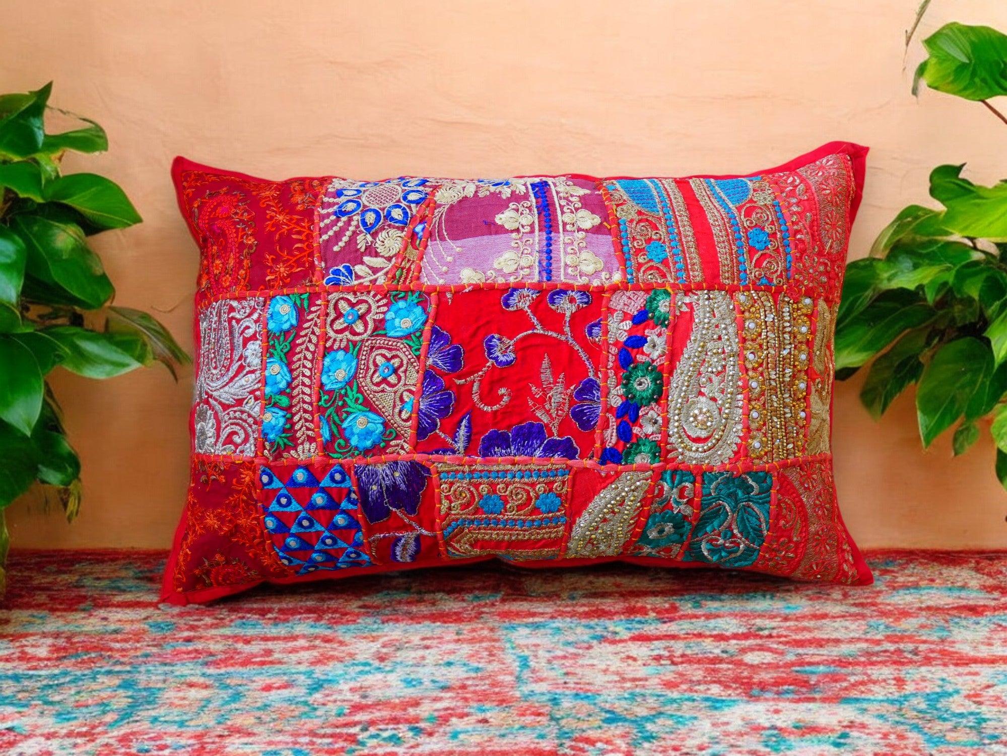 Orange throw pillow - Indian patchwork cushion cover hippie chic | colorful, decorative pillow case for bohemian decor | patchwork pillow hippie cushion COVER
