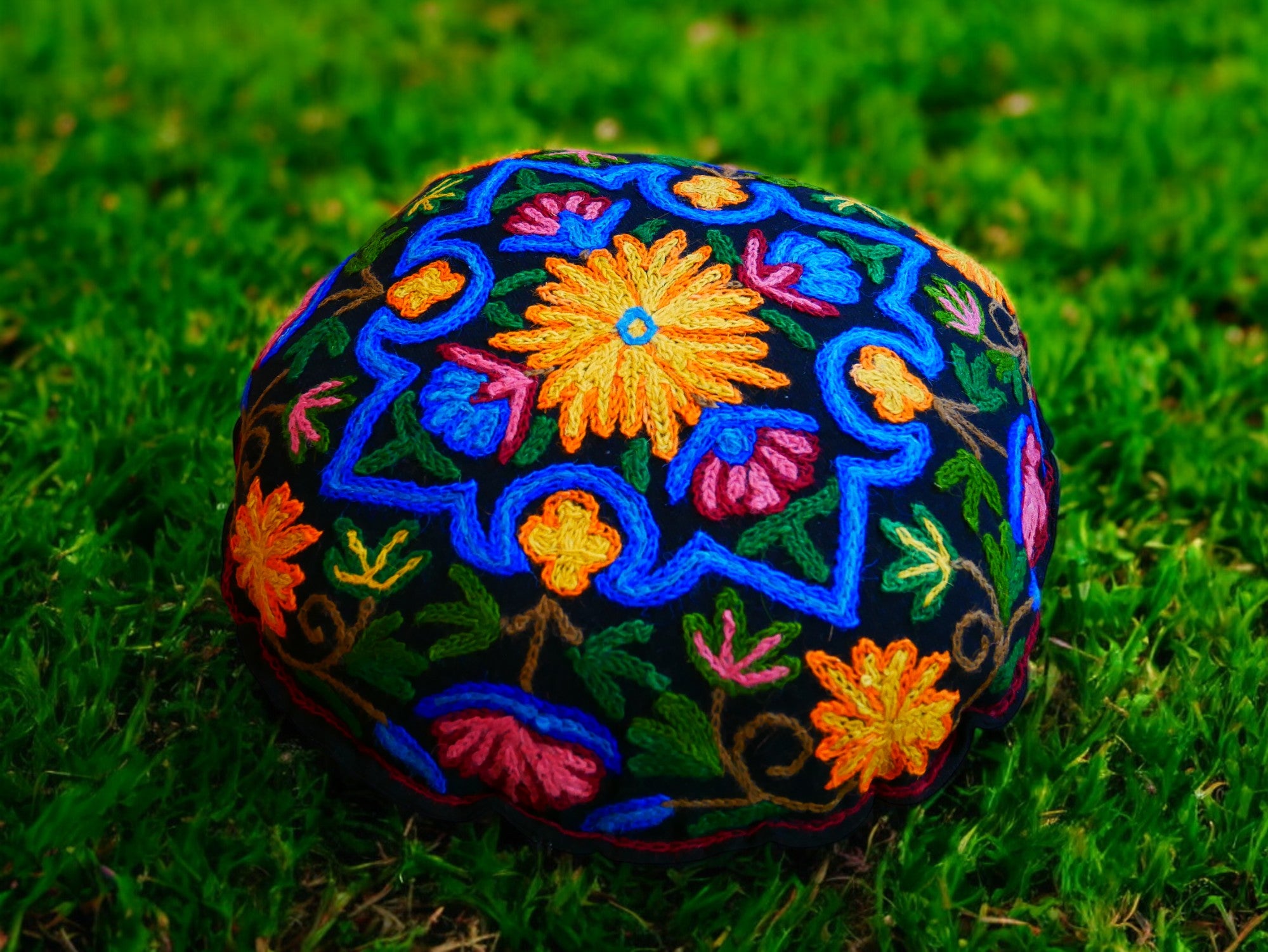 Kashmiri Meditation cushion Embroidery floor pillow cover, Hand embroidered flower Mandala - boho hippie floor seating | Cover only