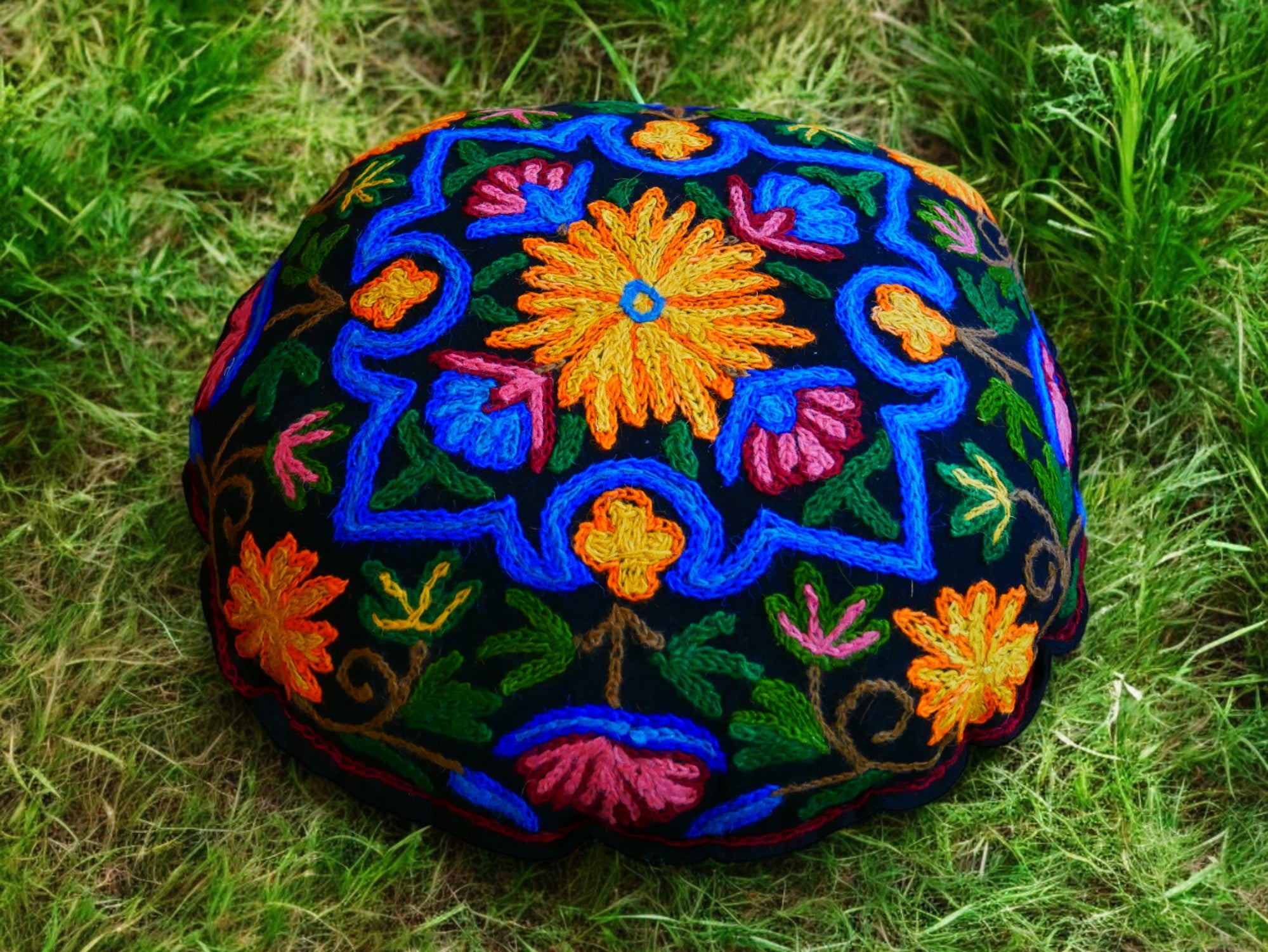 Kashmiri Meditation cushion Embroidery floor pillow cover, Hand embroidered flower Mandala - boho hippie floor seating | Cover only