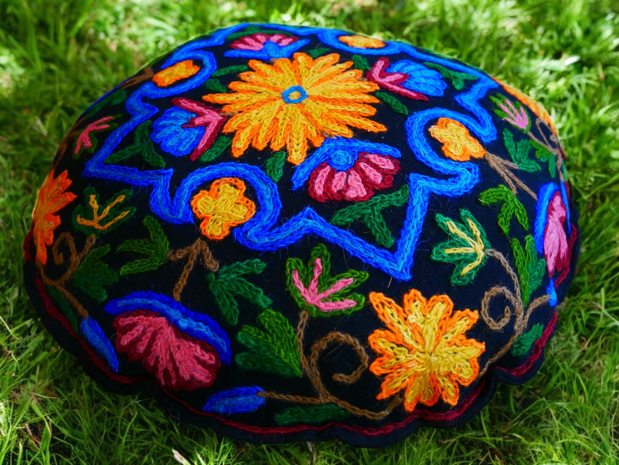 Kashmiri Meditation cushion Embroidery floor pillow cover, Hand embroidered flower Mandala - boho hippie floor seating | Cover only