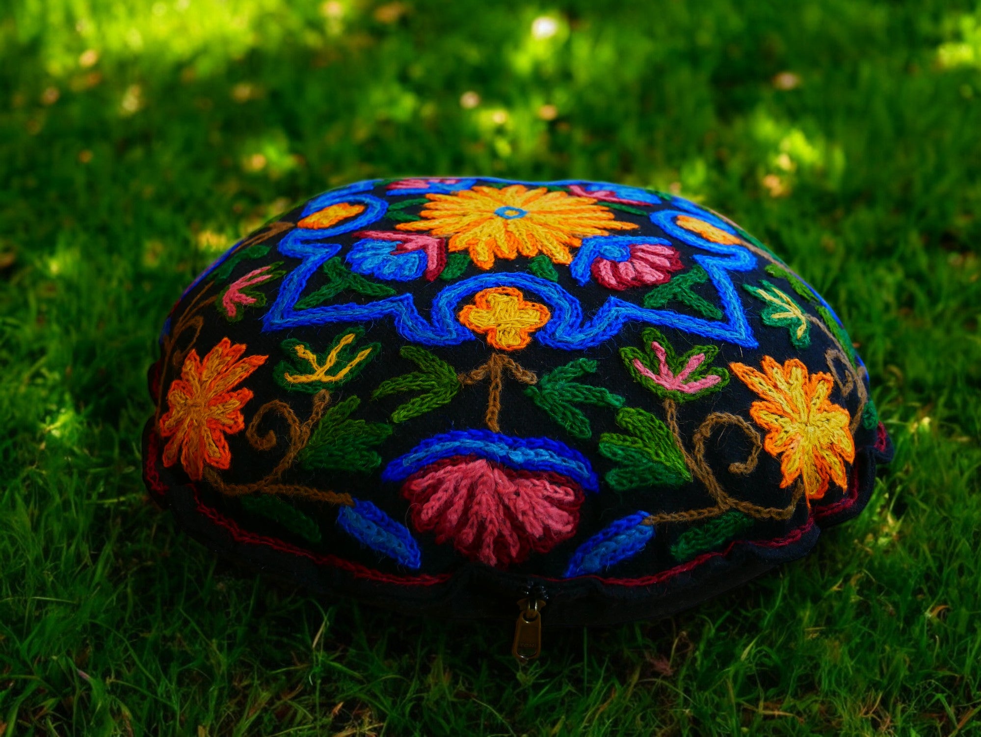 Kashmiri Meditation cushion Embroidery floor pillow cover, Hand embroidered flower Mandala - boho hippie floor seating | Cover only