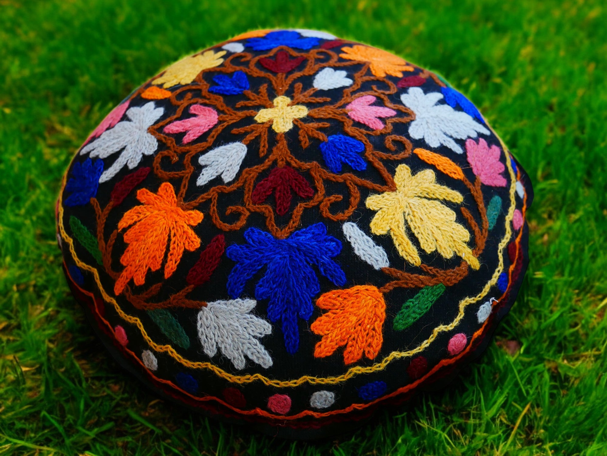 Kashmiri Meditation cushion Embroidery floor pillow cover, Hand embroidered flower Mandala - boho hippie floor seating | Cover only
