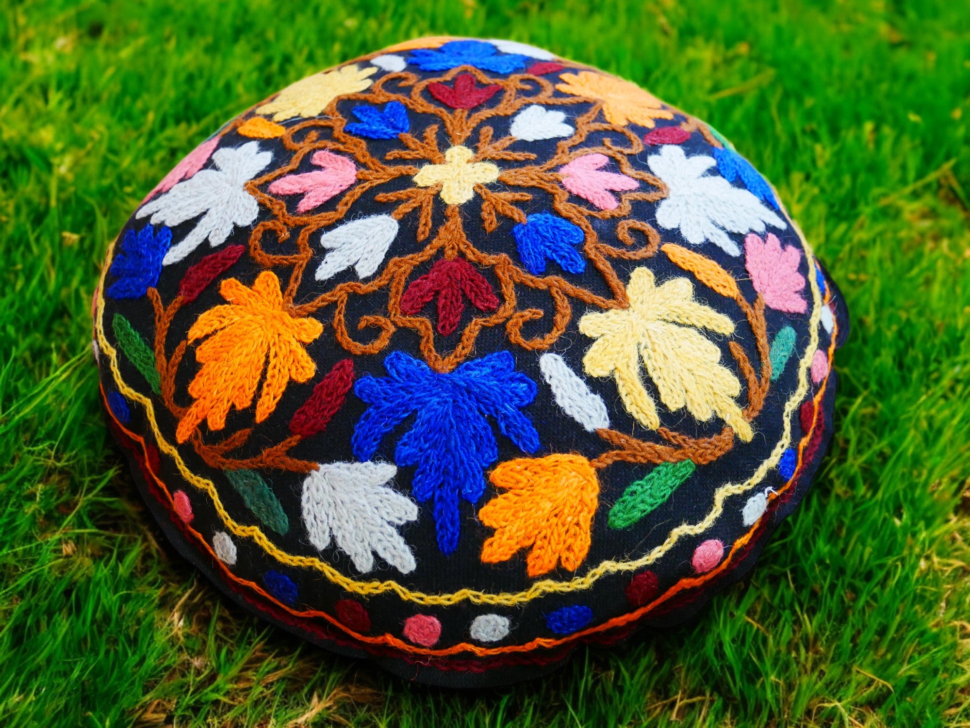 Kashmiri Meditation cushion Embroidery floor pillow cover, Hand embroidered flower Mandala - boho hippie floor seating | Cover only