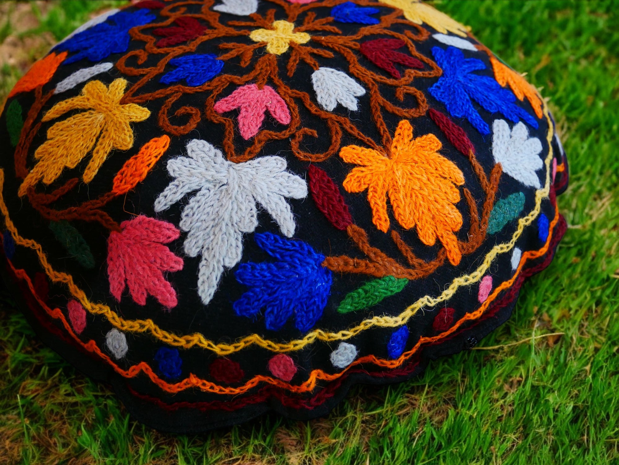 Kashmiri Meditation cushion Embroidery floor pillow cover, Hand embroidered flower Mandala - boho hippie floor seating | Cover only