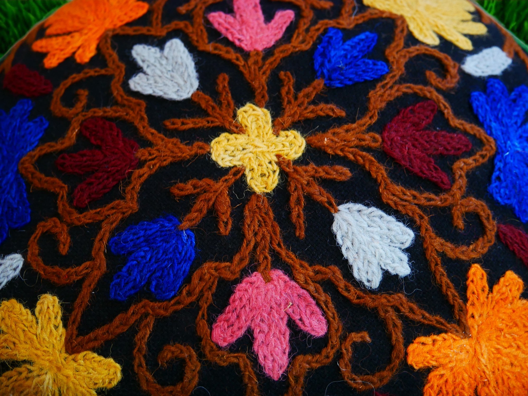 Kashmiri Meditation cushion Embroidery floor pillow cover, Hand embroidered flower Mandala - boho hippie floor seating | Cover only