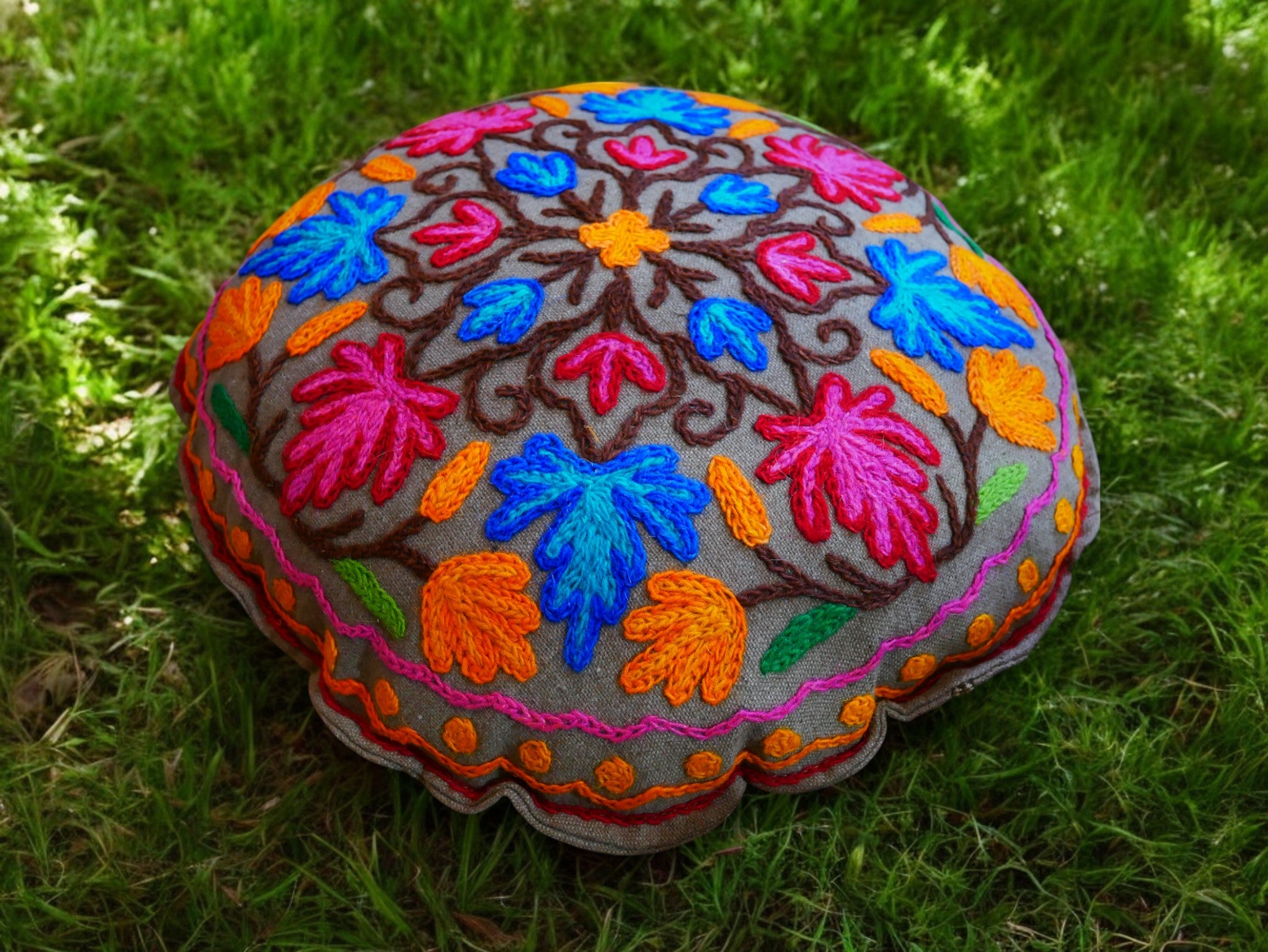 Kashmiri Meditation cushion Embroidery floor pillow cover, Hand embroidered flower Mandala - boho hippie floor seating | Cover only
