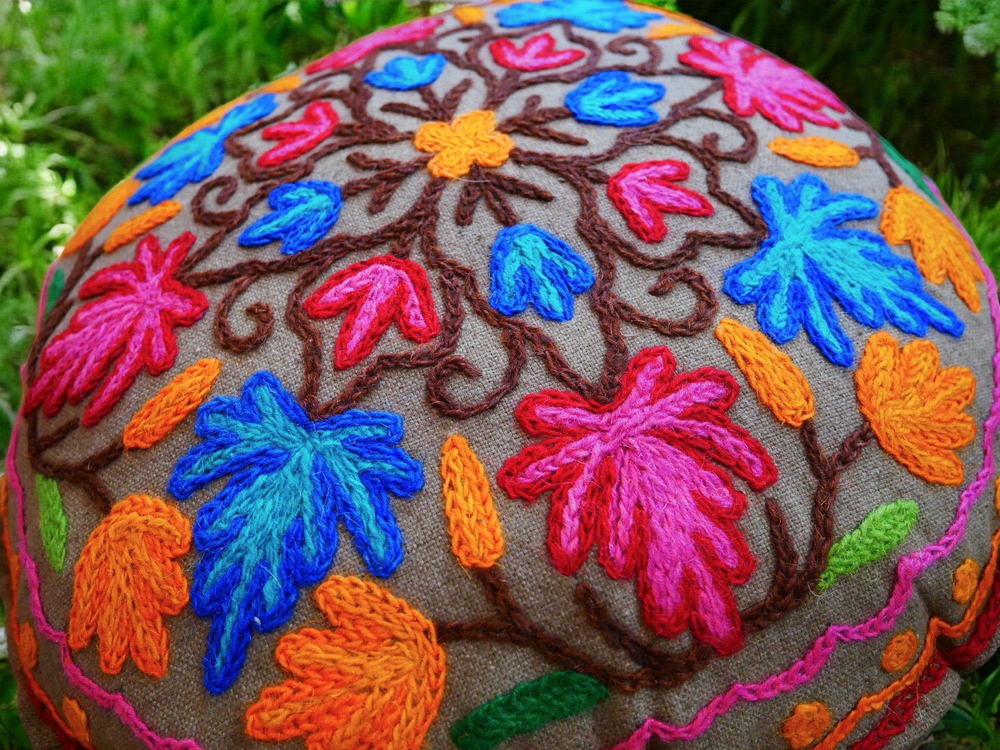 Kashmiri Meditation cushion Embroidery floor pillow cover, Hand embroidered flower Mandala - boho hippie floor seating | Cover only