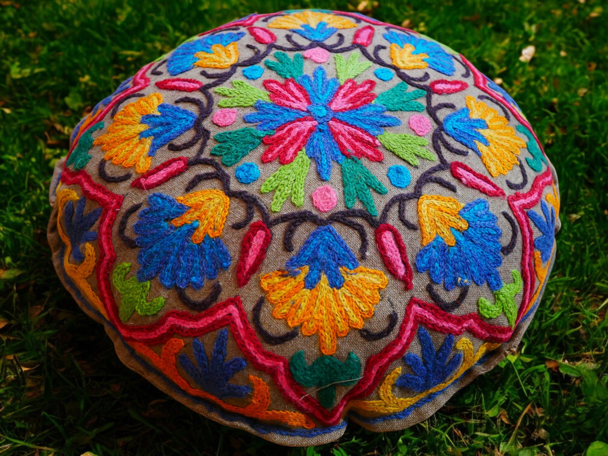 Kashmiri Meditation cushion Embroidery floor pillow cover, Hand embroidered flower Mandala - boho hippie floor seating | Cover only