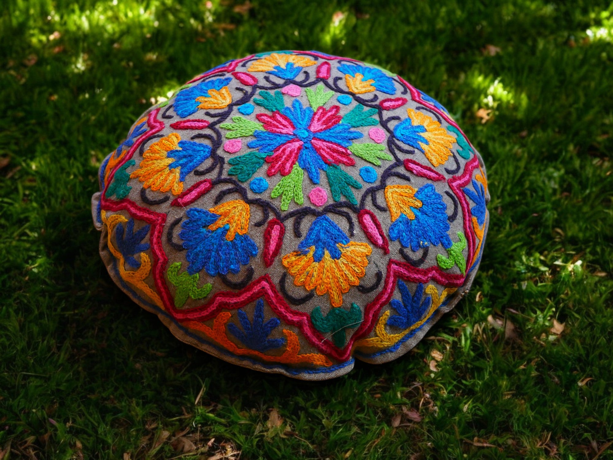 Kashmiri Meditation cushion Embroidery floor pillow cover, Hand embroidered flower Mandala - boho hippie floor seating | Cover only