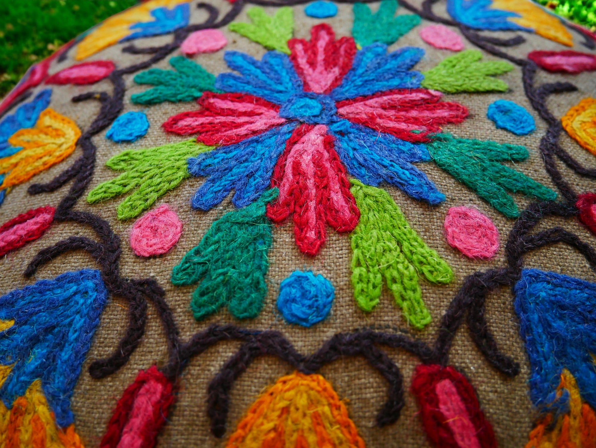 Kashmiri Meditation cushion Embroidery floor pillow cover, Hand embroidered flower Mandala - boho hippie floor seating | Cover only