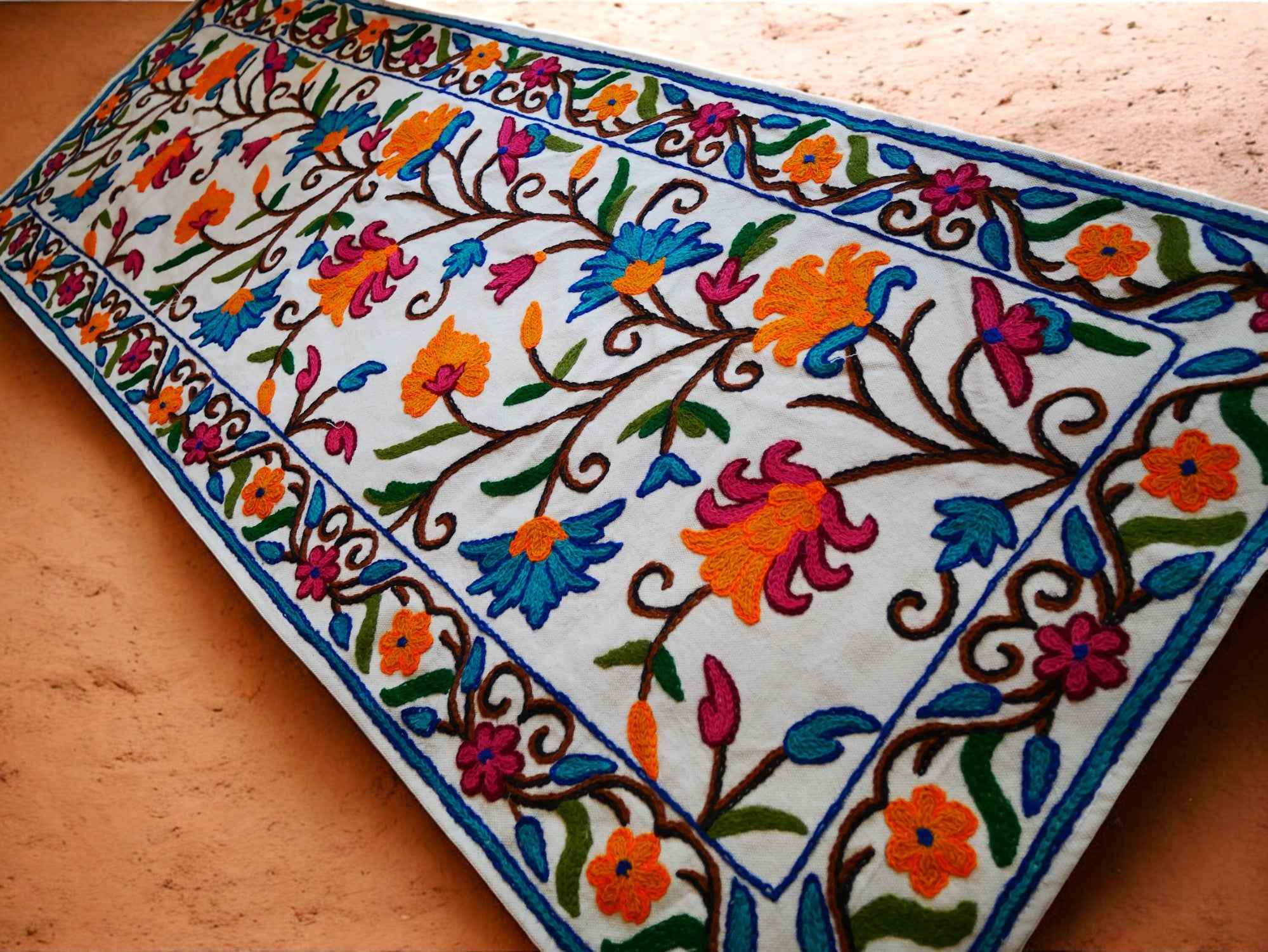 Kashmiri Crewel Embroidered Table Runner – Hand Embroidered Boho Table Decor or Wall Hanging