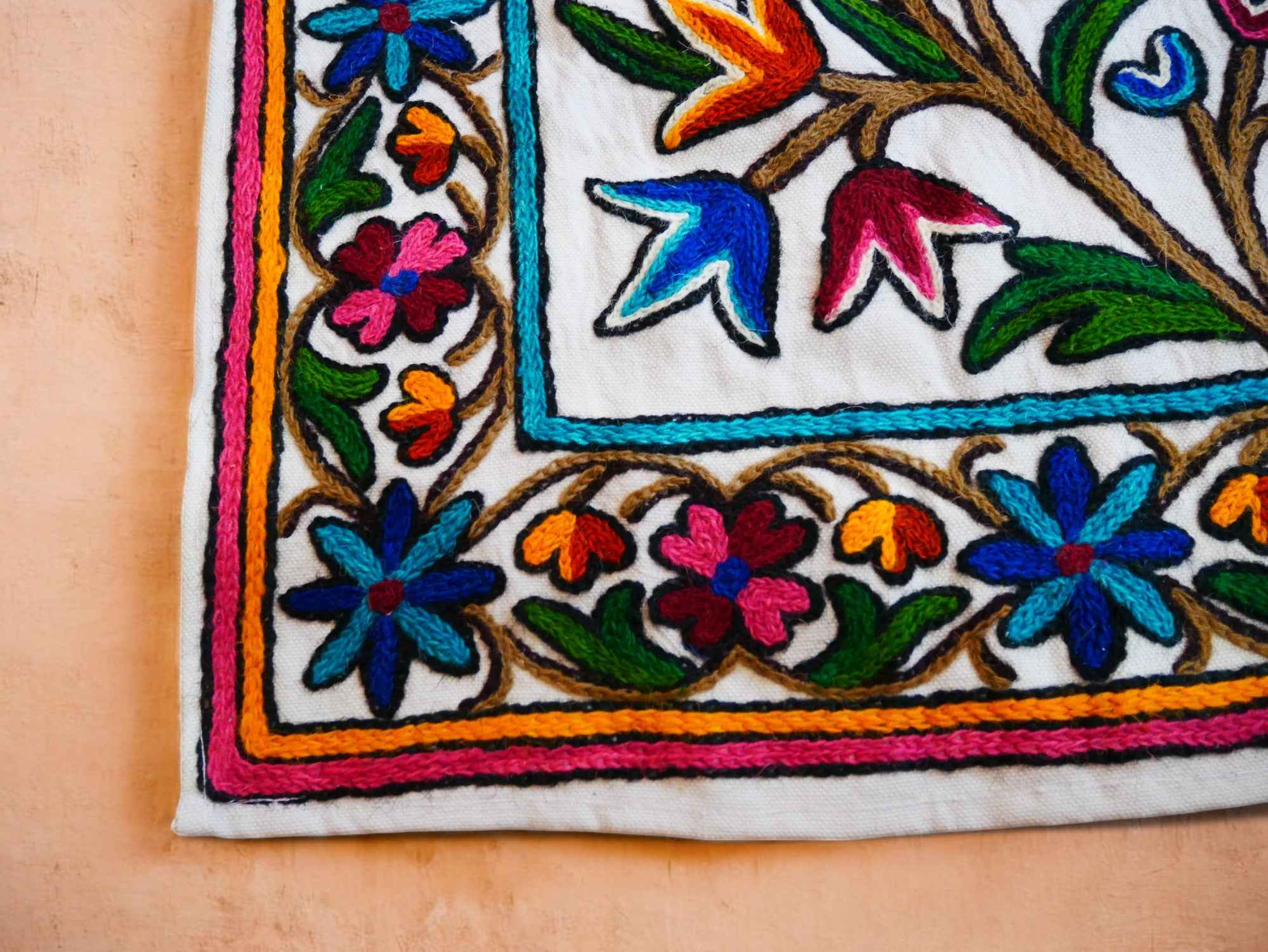 Kashmiri Crewel Embroidered Table Runner – Handmade Floral Table Decor with Traditional Crewel Embroidery