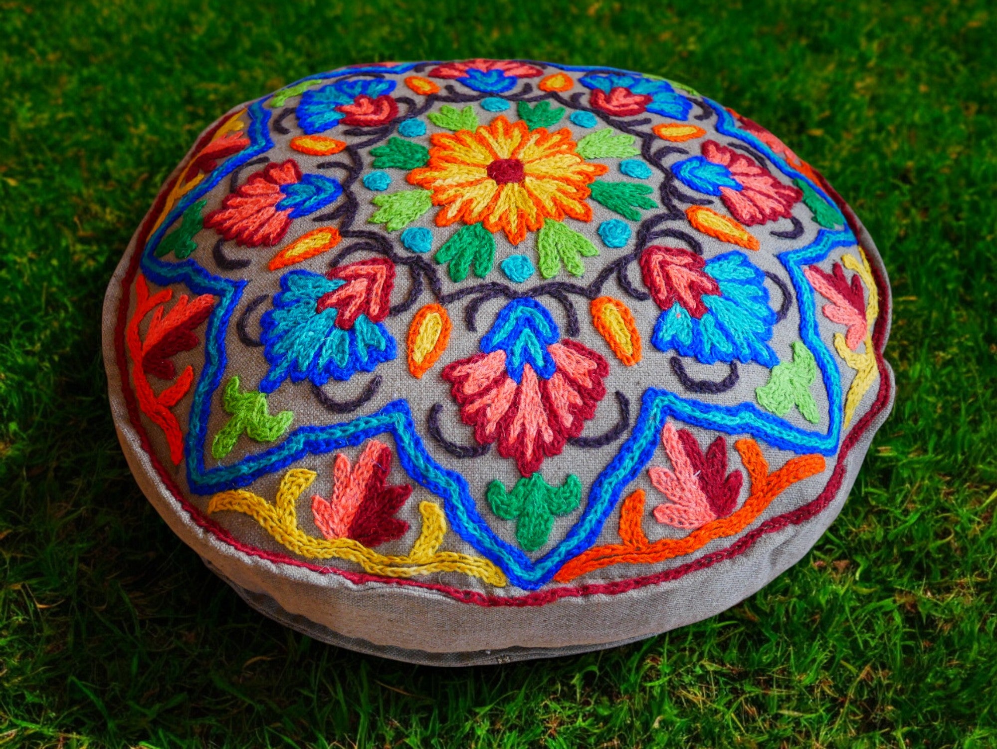 Kashmiri Meditation cushion Embroidery floor pillow cover, Hand embroidered flower Mandala - boho hippie floor seating | Cover only