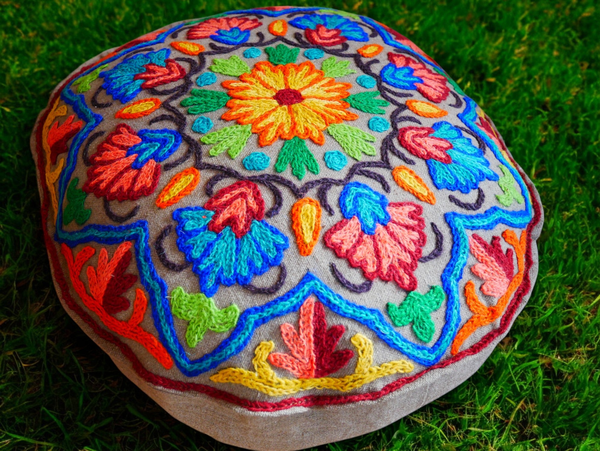 Kashmiri Meditation cushion Embroidery floor pillow cover, Hand embroidered flower Mandala - boho hippie floor seating | Cover only