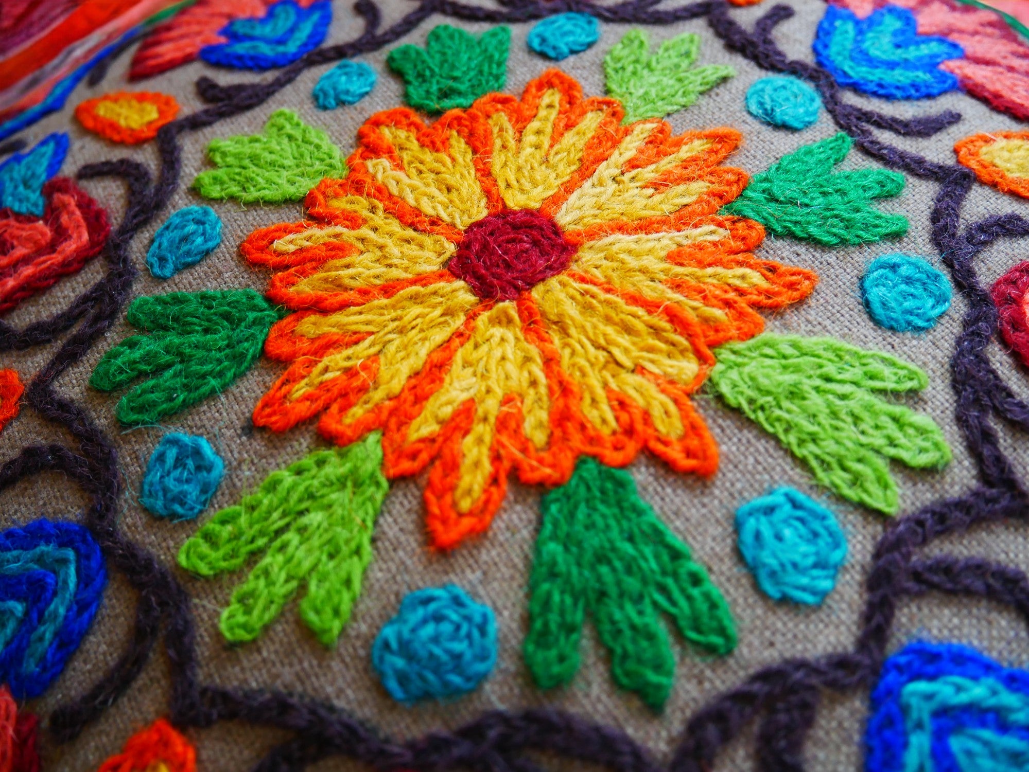 Kashmiri Meditation cushion Embroidery floor pillow cover, Hand embroidered flower Mandala - boho hippie floor seating | Cover only