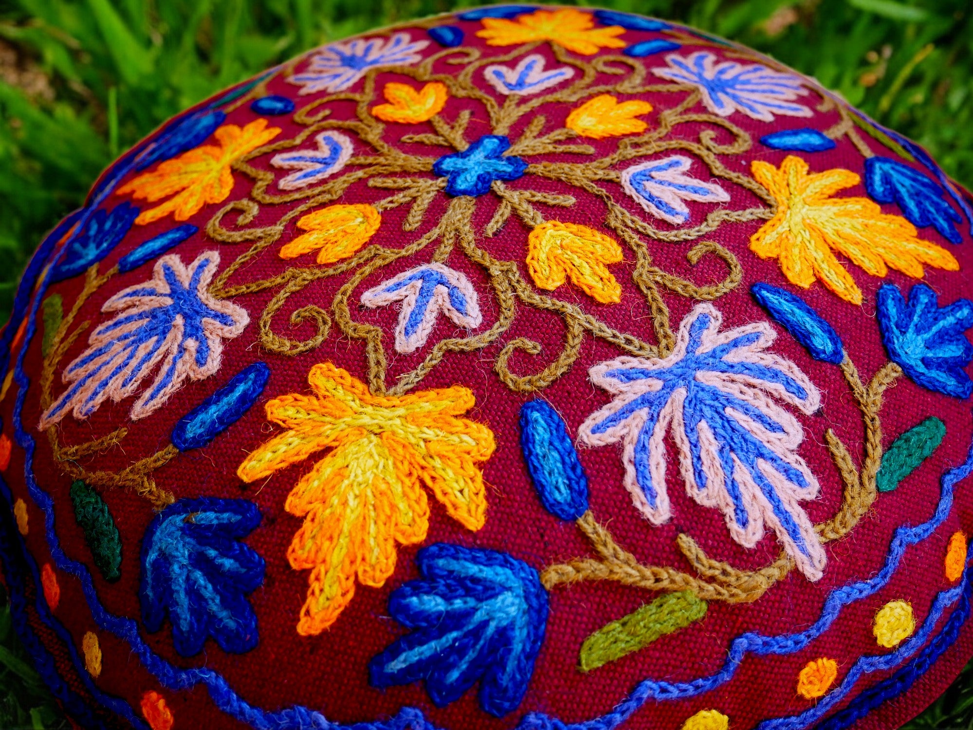Kashmiri Meditation cushion Embroidery floor pillow cover, Hand embroidered flower Mandala - boho hippie floor seating | Cover only