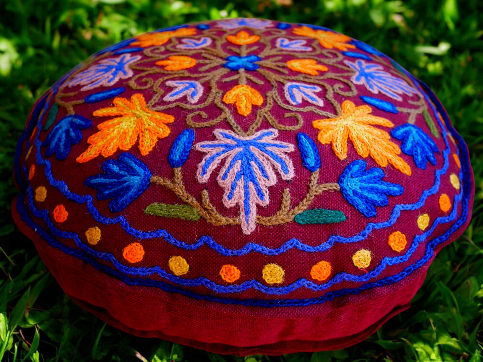 Kashmiri Meditation cushion Embroidery floor pillow cover, Hand embroidered flower Mandala - boho hippie floor seating | Cover only